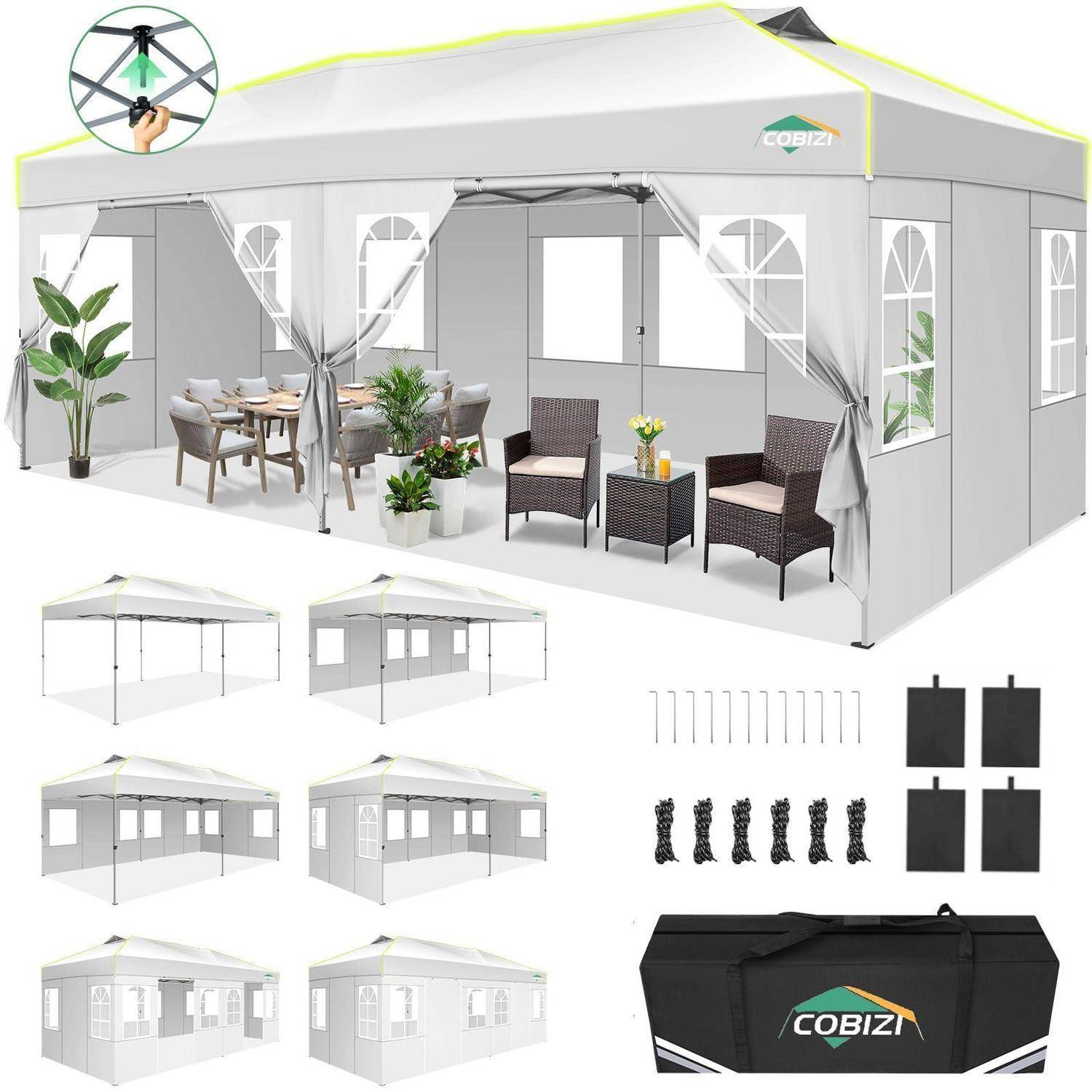 Produktbild eines weißen Outdoor-Pavillon-Zeltes mit Seitenwänden, Fenstern und Vorhängen, möbliert als Terrassenzimmer dargestellt; enthält Montageeinheiten und Aufbewahrungstasche.