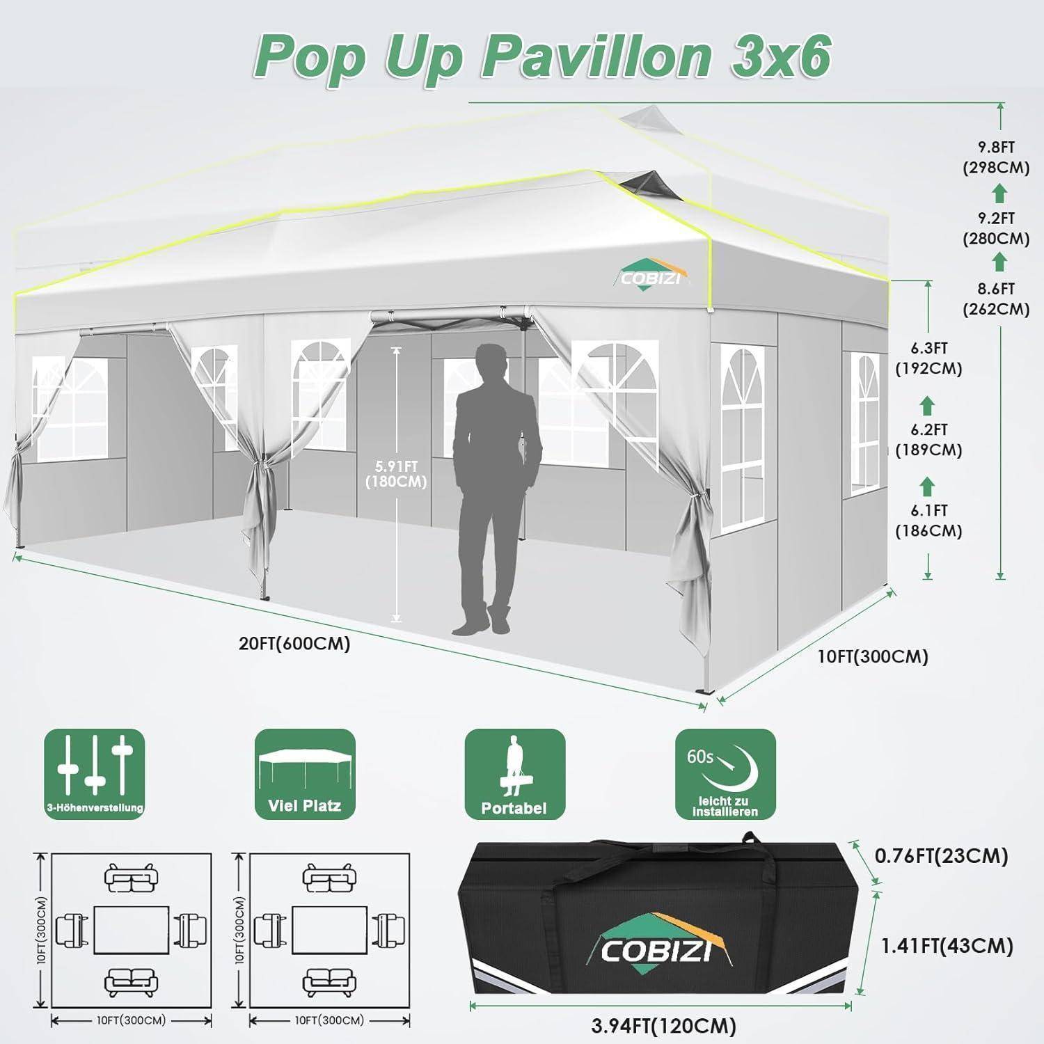 Diagramm eines 20 x 10 Fuß Pop-up-Pavillonzelts mit zentraler Tür, Seitenfenstern und Höhenmessungen, sowie Symbole für verstellbare Höhe, geräumiges Inneres, Portabilität und 60-Sekunden-Aufbau.