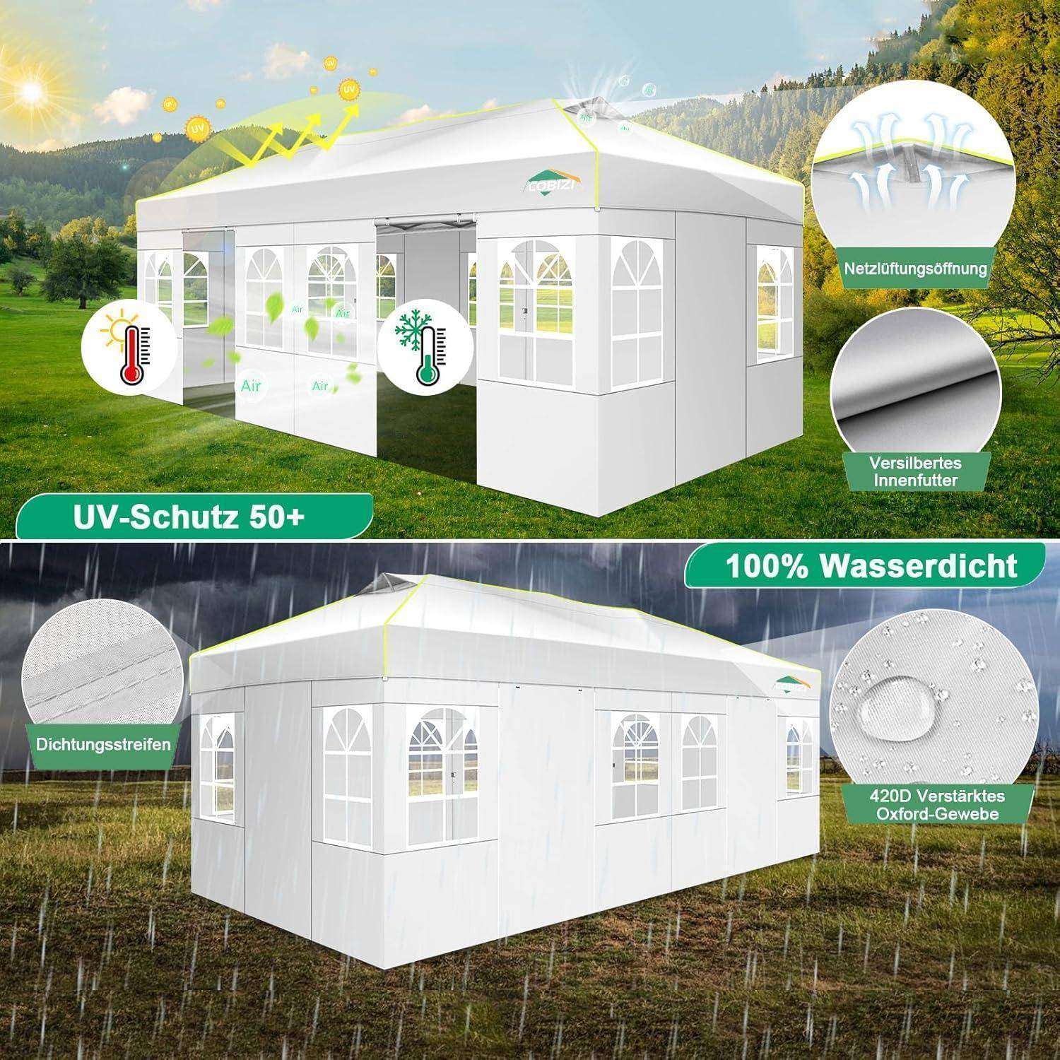 Werbebekanntmachung zum Vergleich eines weißen Outdoor-Festzelts: oben zeigt UV-Schutz 50+ mit Luftzirkulation und Wärmekontrolle; unten zeigt 100% Wasserdichtheit und verstärktes Oxford-Gewebe im Regen.
