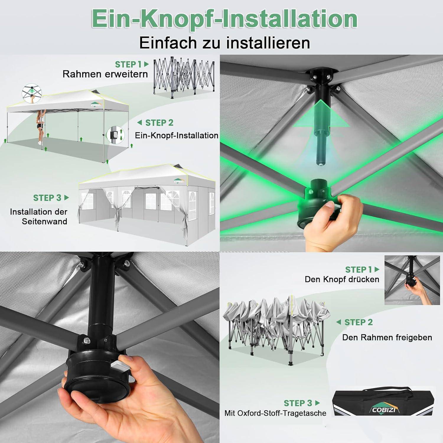 Anleitungsgrafik, die den Einknopf-Aufbau eines Pop-up-Zelts zeigt: Rahmen auseinander klappen, die mittlere Knopf drücken und loslassen, dann die Seitenwand installieren; enthält eine Tragetasche.