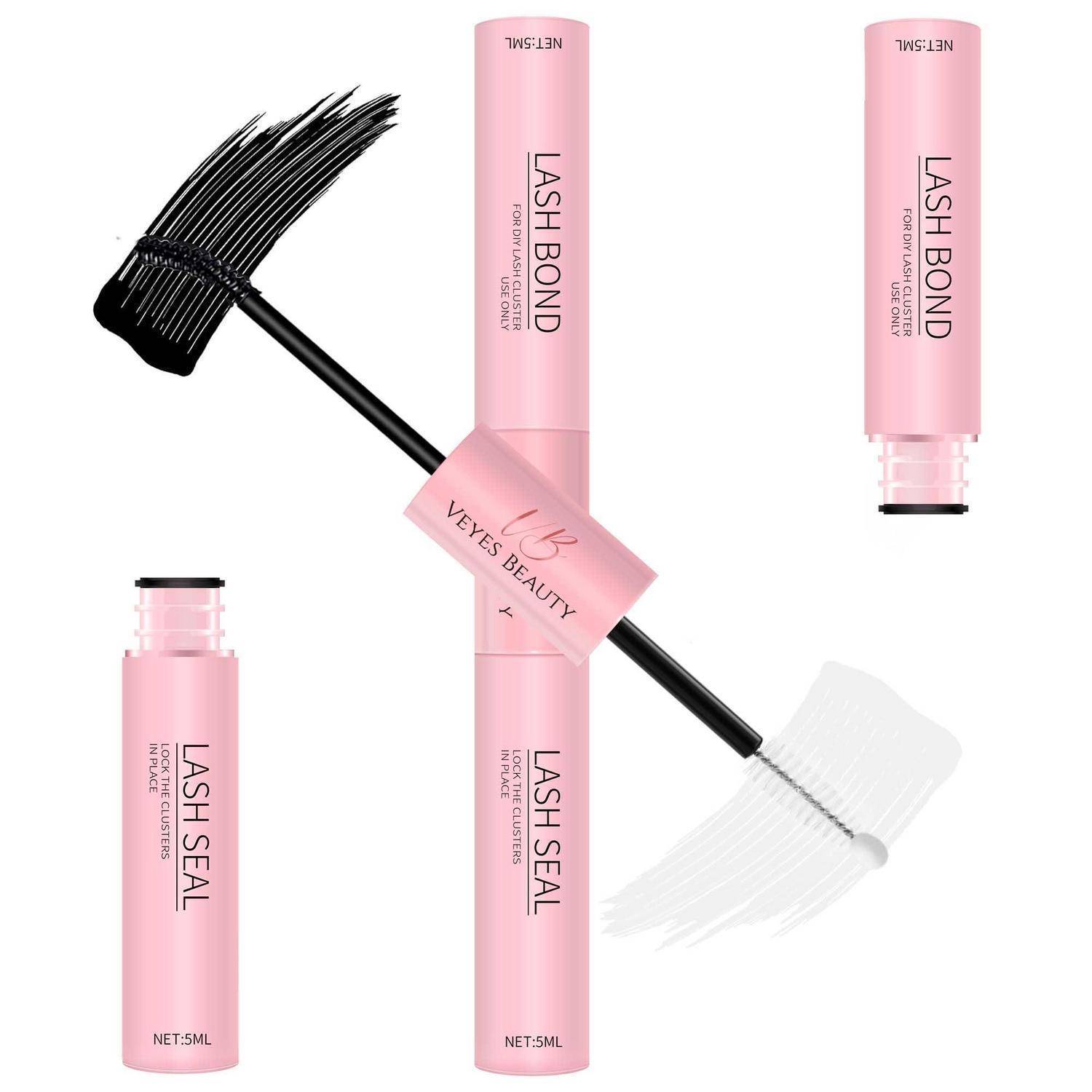 Pink Veyes Beauty Wimpernkleber und Wimpernversiegler Mascara-Tuben mit schwarzen und weißen Mascara-Bürsten auf weißem Hintergrund.