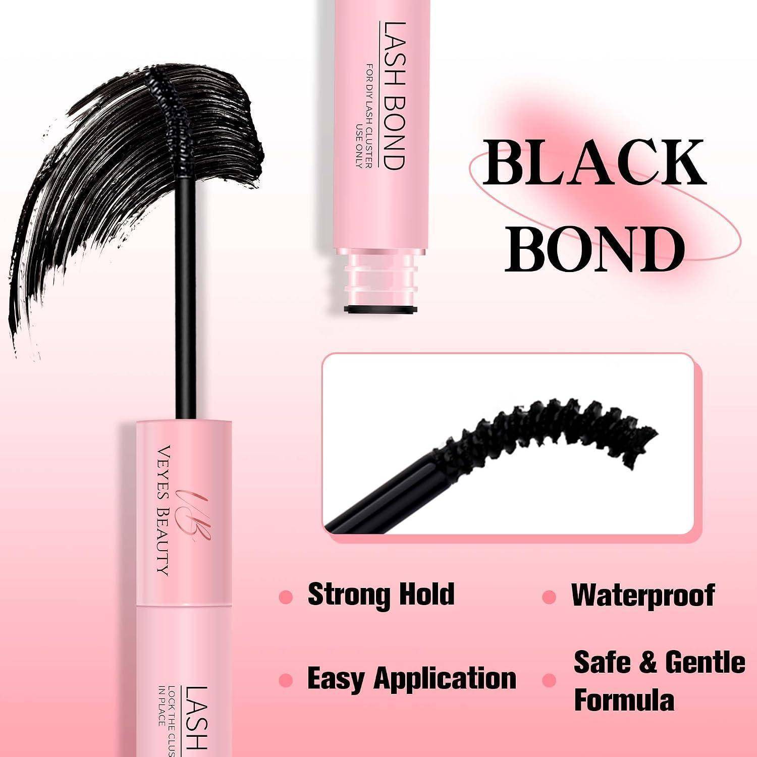 Anzeige für schwarze Lash Bond Mascara mit Bürstenapplikator, gekennzeichnet als starker Halt, wasserfest, einfache Anwendung und sichere & sanfte Formel.