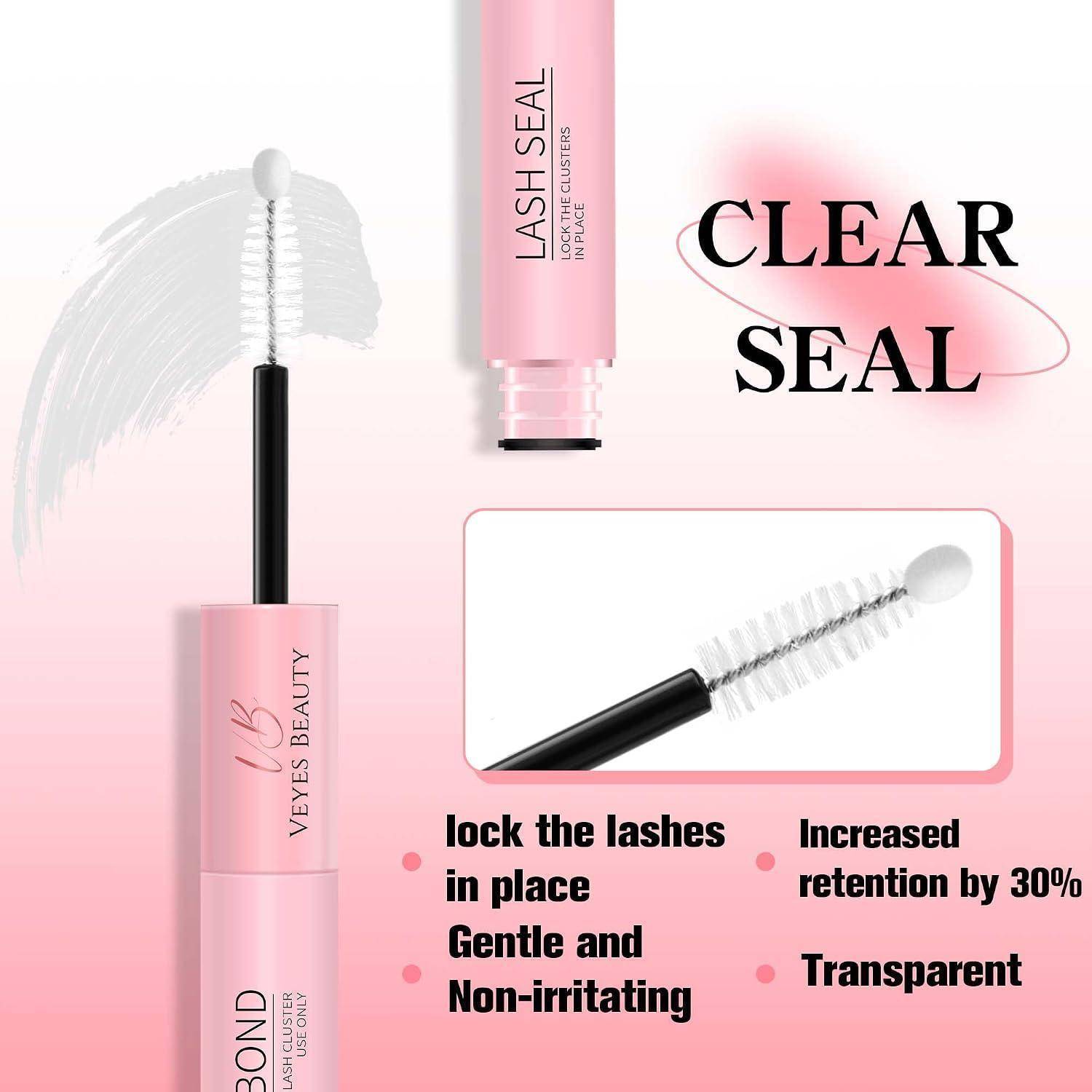 Pink 'CLEAR SEAL' Wimpernprodukt-Anzeige mit klarem Mascara-Stift und Tube, mit Aussagen: Wimpern an Ort und Stelle halten, sanft, nicht reizend, 30% erhöhte Haftung, transparent.