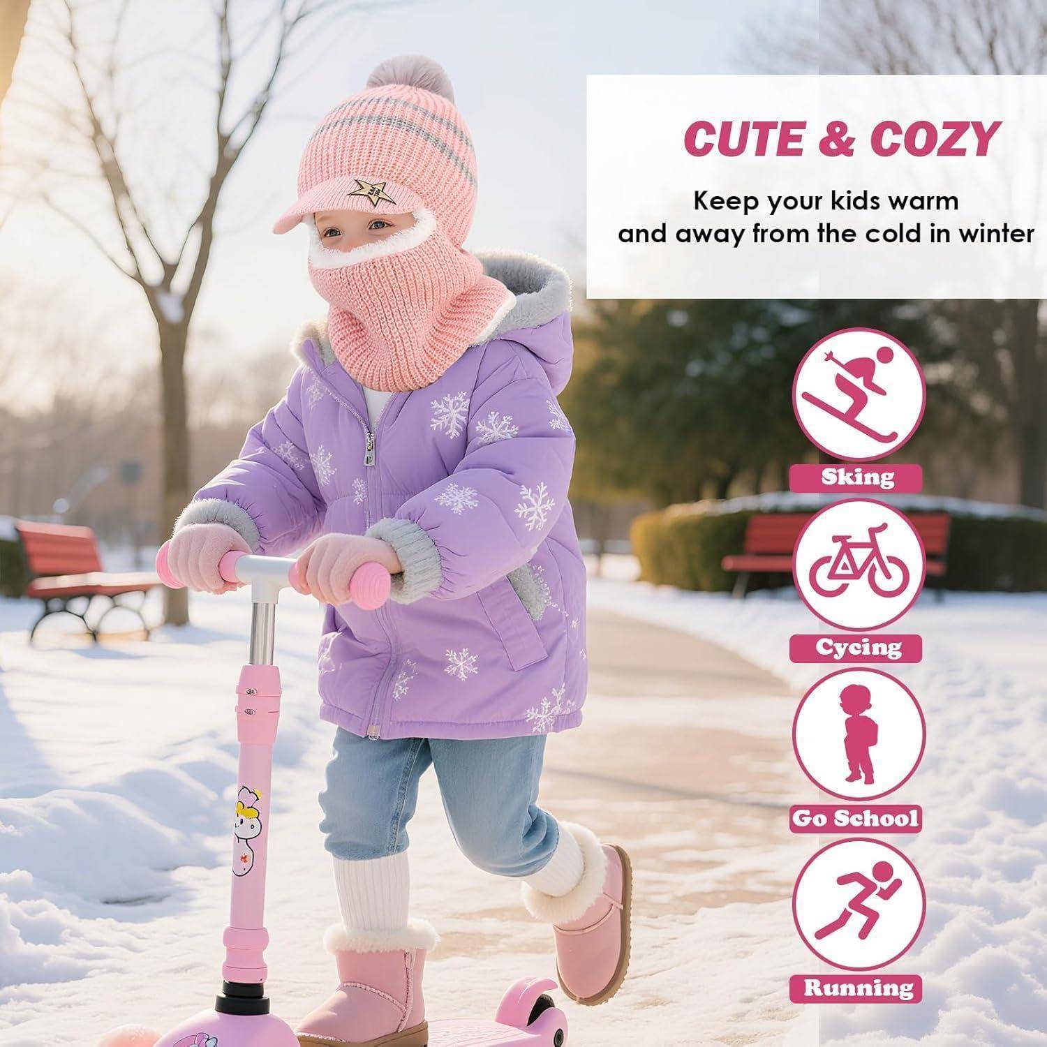 Winterpromo mit einem Kind in rosa Mütze, Schal und violettem Mantel auf einem Roller, mit dem Text „NIEDLICH & GEMÜTLICH