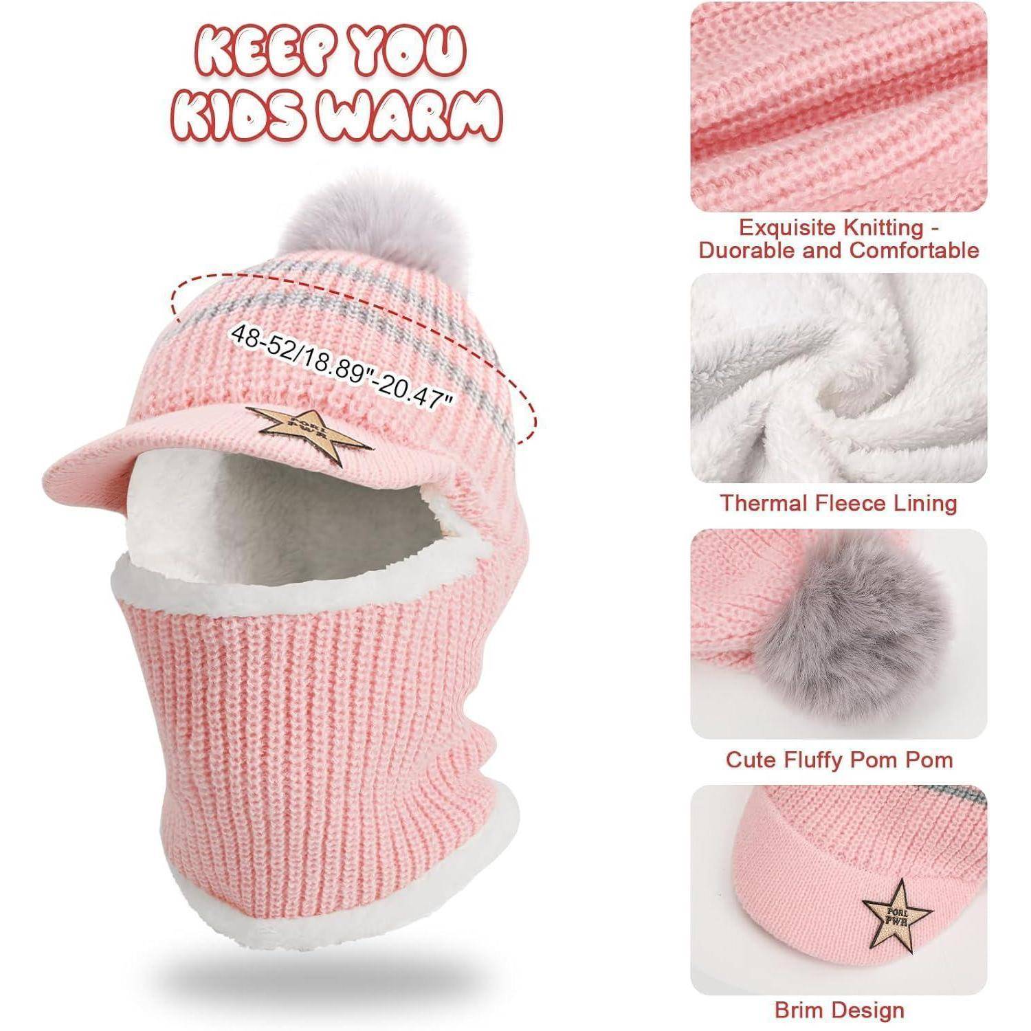 Rosa Wintermütze für Kinder und Gesichtsmaske-Balaclava mit Bommel und Krempe, mit der Aufschrift „Keep You Kids Warm