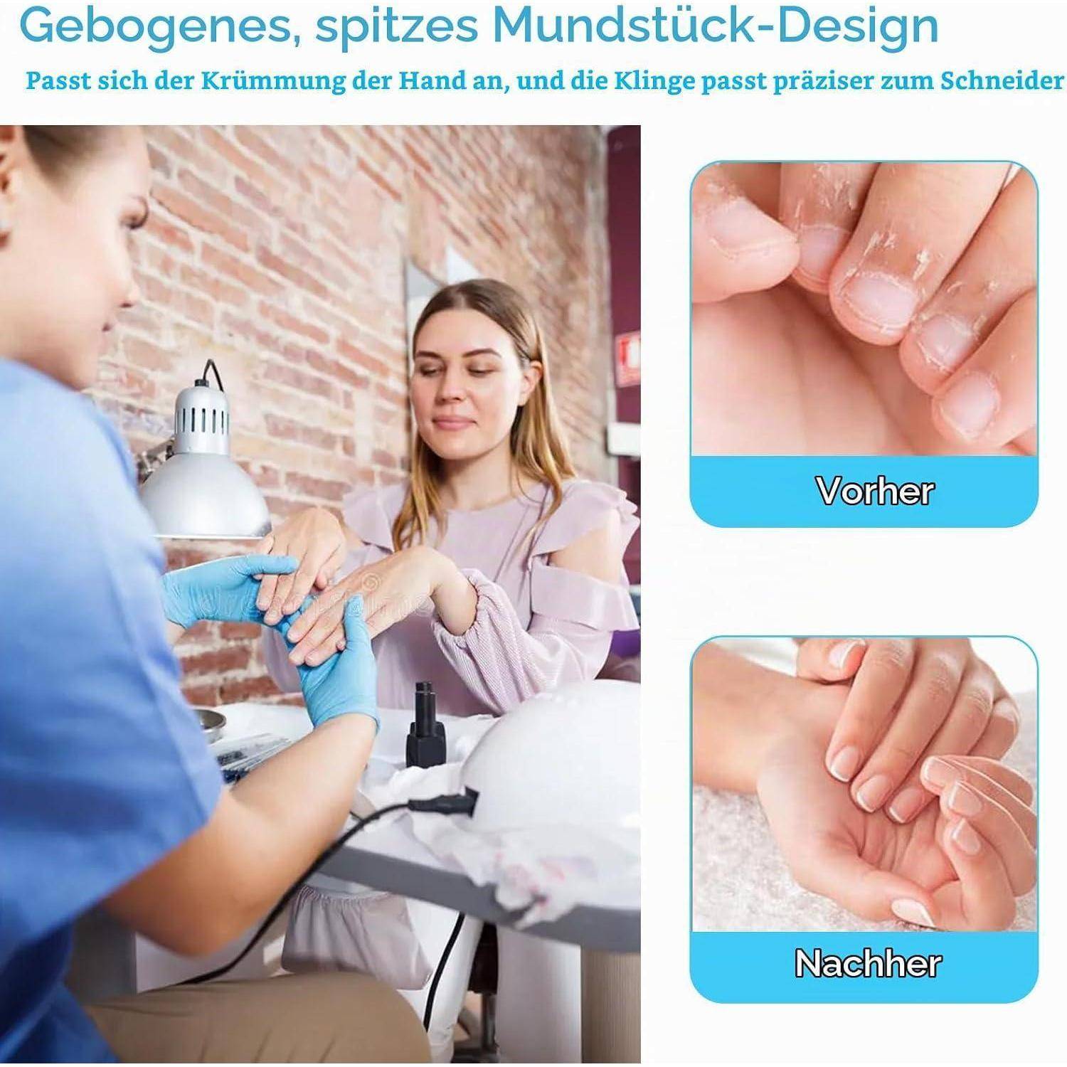 Nageldesignerin feilt einer Frau die Nägel mit abgewinkelten Nagelzangen; Seitenbilder mit den Bezeichnungen „Vorher" und „Nachher"" zeigen einen Vergleich der beschädigten Nägel vor und nach der Behandlung.