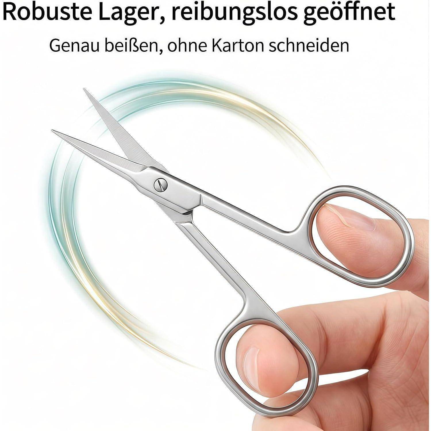 Kleine Schere, die in einer Hand gehalten wird, schneidet einen kreisförmigen Ring; deutscher Text besagt "Robuste Lager, reibungslos geöffnet"" und ""Genau beißen, ohne Karton schneiden"".