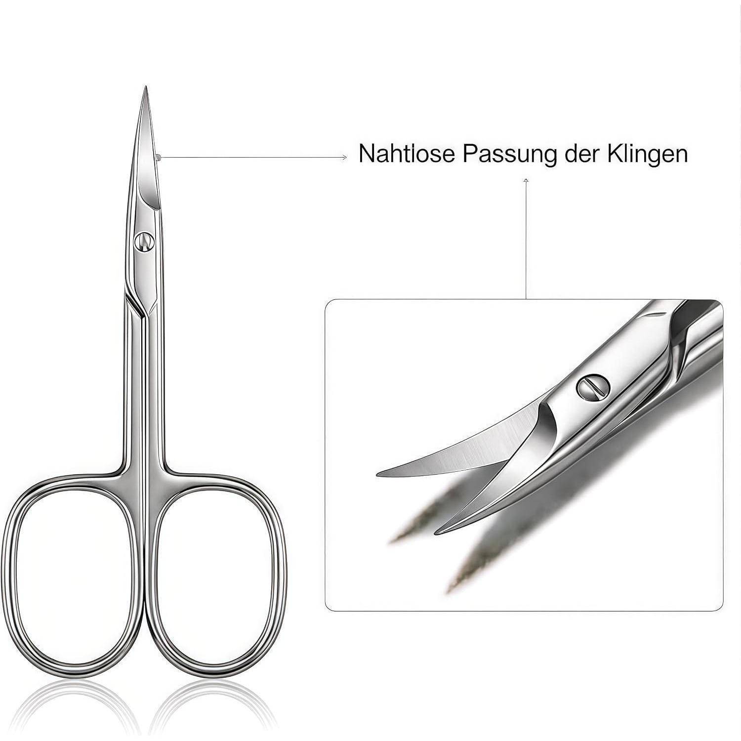 Nahaufnahmeproduktbild von Edelstahlscheren mit einem deutschen Etikett „Nahtlose Passung der Klingen", das auf die präzise Klingenausrichtung hinweist.