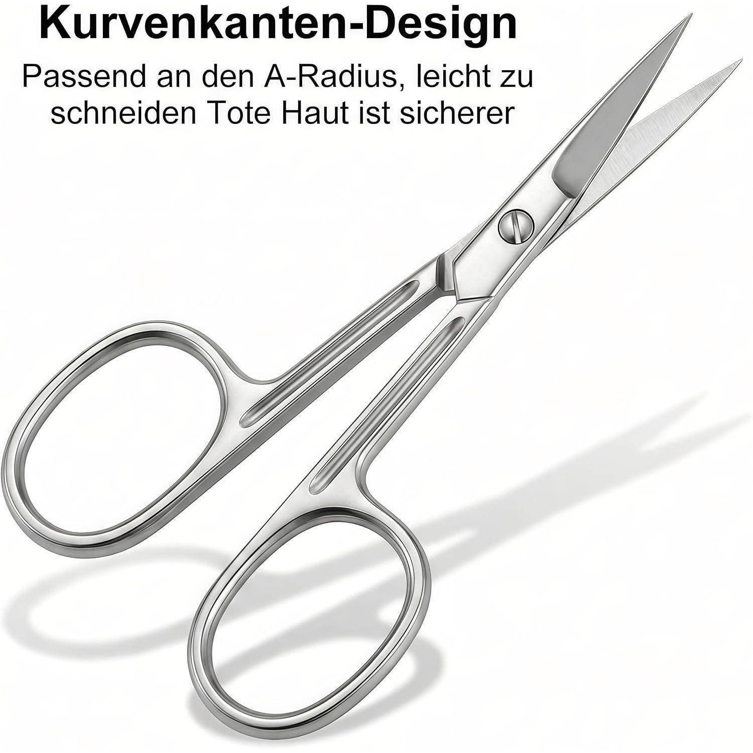 Silberne chirurgische Scheren mit gebogenem Knieschliff; der deutsche Text besagt, dass sie dem A-Radius entsprechen und zum Schneiden von lockerer Haut sicherer sind.