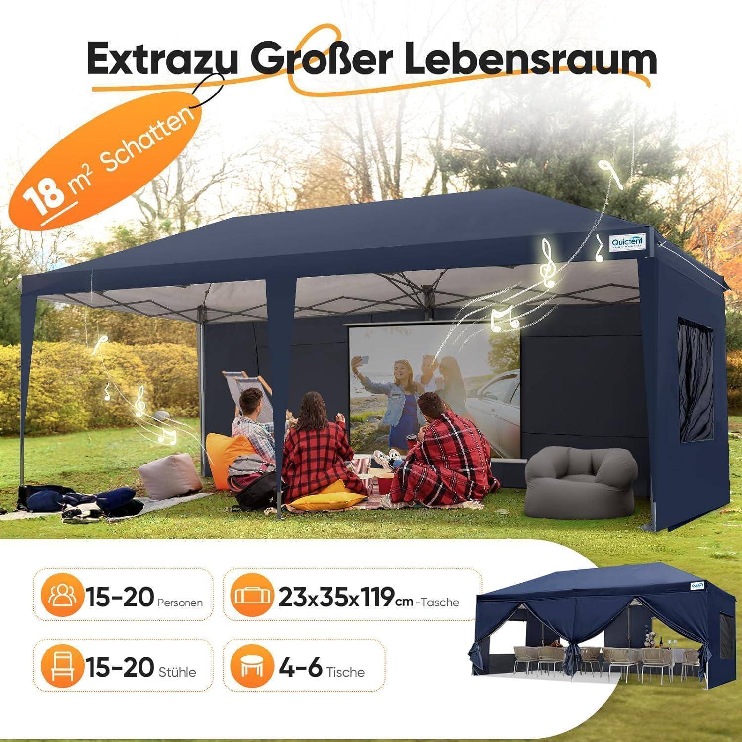 Werbebild eines großen dunkelblauenen Pavillon-Zelts mit der Beschriftung „Extrazu Großer Lebensraum" und „18 m² Schatten"", das Personen im Inneren sitzend zeigt; Symbole vermerken 15–20 Personen, 15–20 Stühle, 4–6 Tische und eine Transporttasche von 23×35×119 cm.