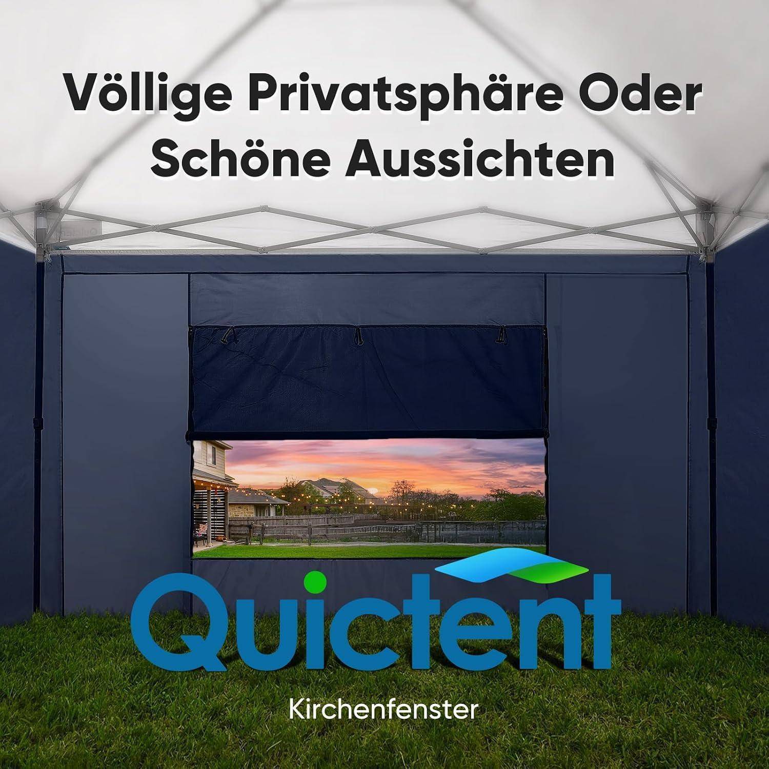 Ein Zeltdach mit einer kleinen Fensteröffnung, die einen Blick auf einen Sonnenuntergang im Freien zeigt, überlagert mit dem Text „Völlige Privatsphäre Oder Schöne Aussichten" und „Quicktent Kirchenfenster"".