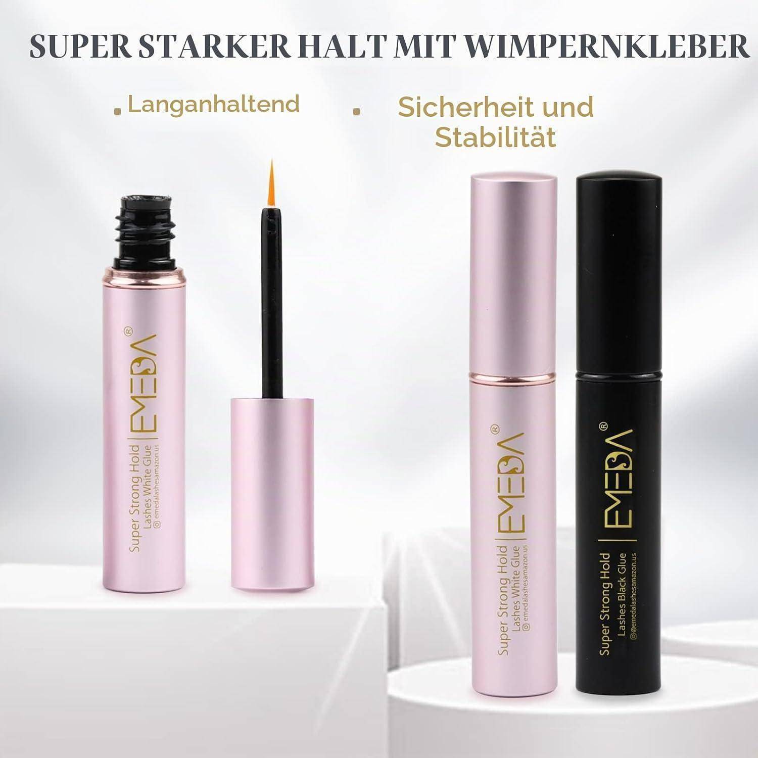 Werbebild von EYESA super starkem Lippenliner mit Wischkappe, das einen rosa Applikator und zwei geschlossene Tuben zeigt, beschriftet mit „Langanhaltend