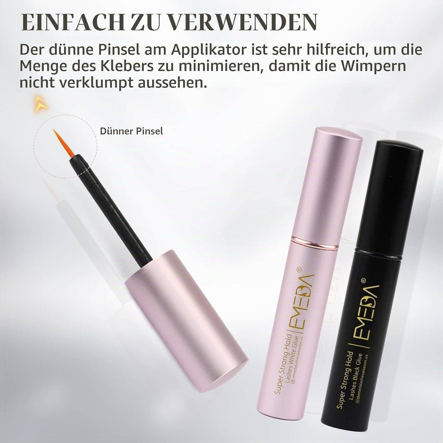 Wimpernkleber-Tuben und ein dünner Applikatorpinsel mit der Bezeichnung „Dünner Pinsel