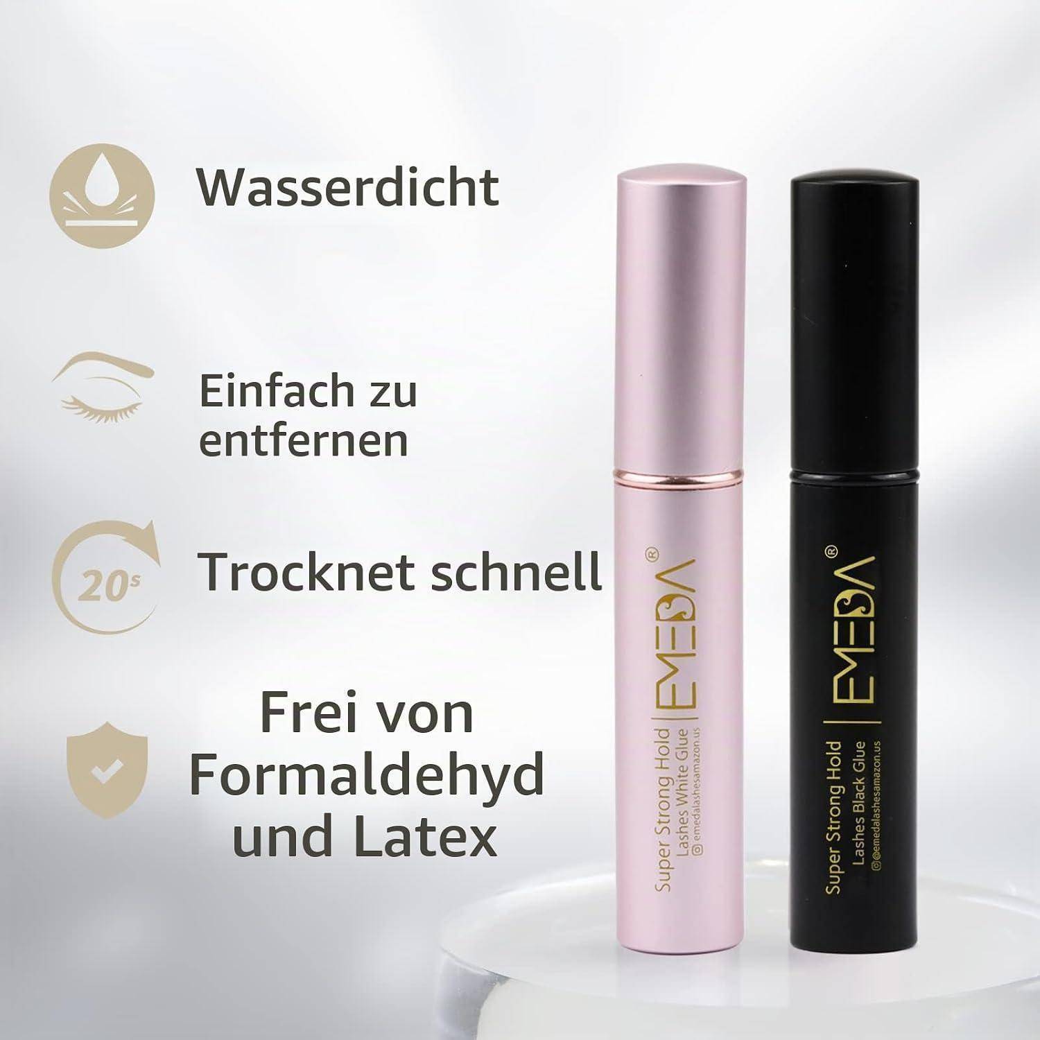 Deutsche Anzeige mit zwei EVESA-Wimpernkleber-Tuben, rosa und schwarz, mit Aussagen: wasserfest, leicht zu entfernen, schnelle Trocknung und frei von Formaldehyd und Latex.