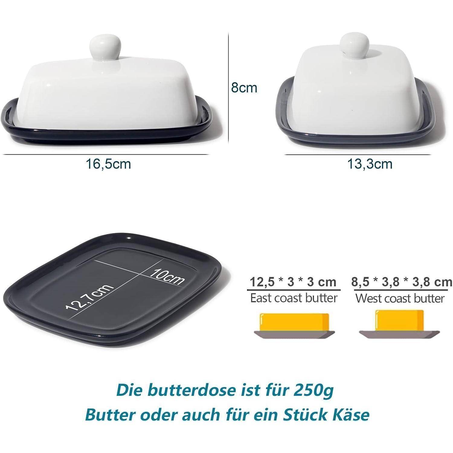 Butterdose mit Deckel für 250g Butter oder Käse, mit den Abmessungen 16,5 x 8 cm, 13,3 x 8 cm und Tellergröße 12,1 x 10 cm, mit Beispielen für Butterpassformen.