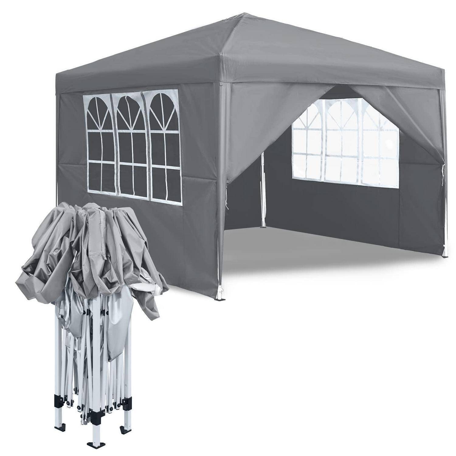 Graues Pop-up-Baldachindach mit Seitenpaneelen mit Fenster und einem zusammengefalteten Gestell daneben auf weißem Hintergrund.