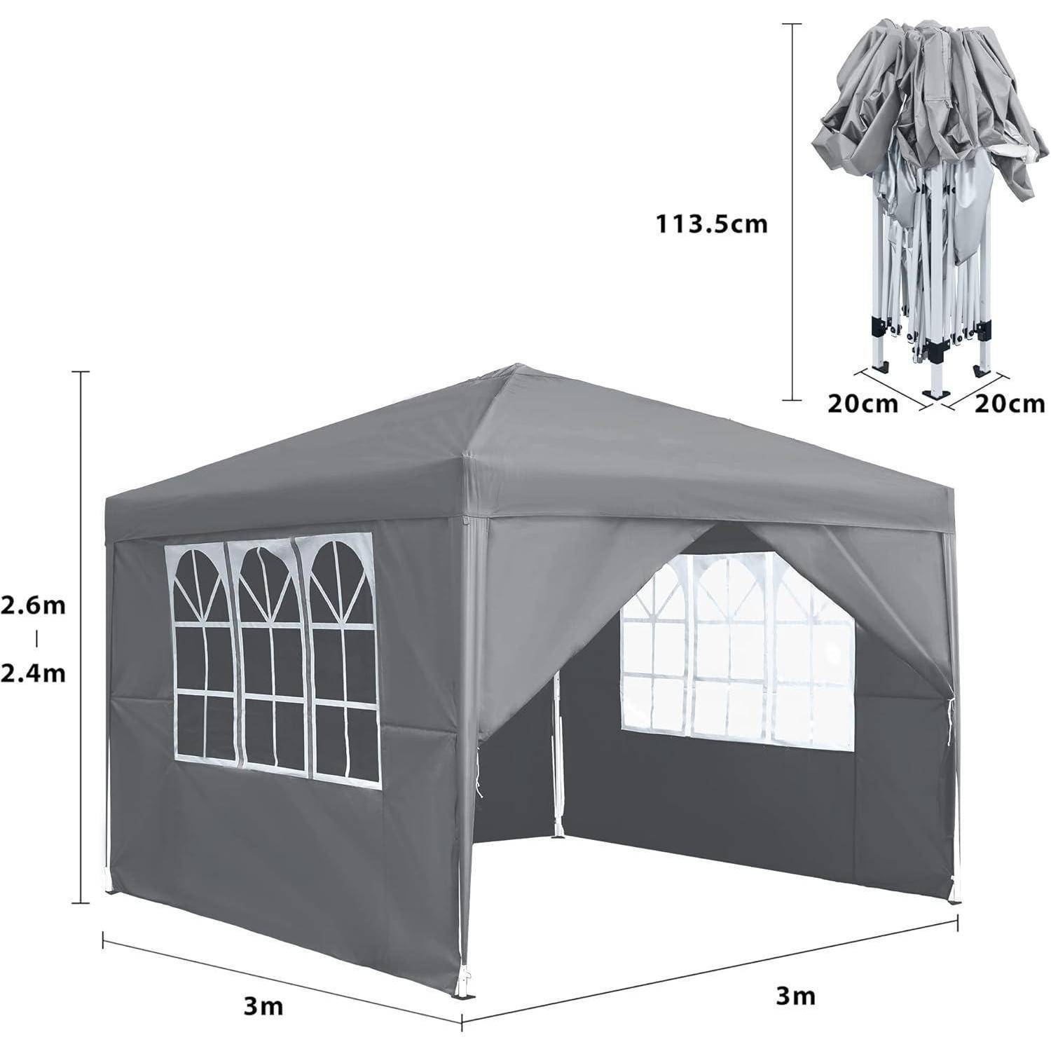 Graues 3 m x 3 m Outdoor-Popup-Pavillon mit Seitenpanelen mit Fenster, 2,4-2,6 m Höhe und Faltgröße von 113,5 cm x 20 cm x 20 cm.