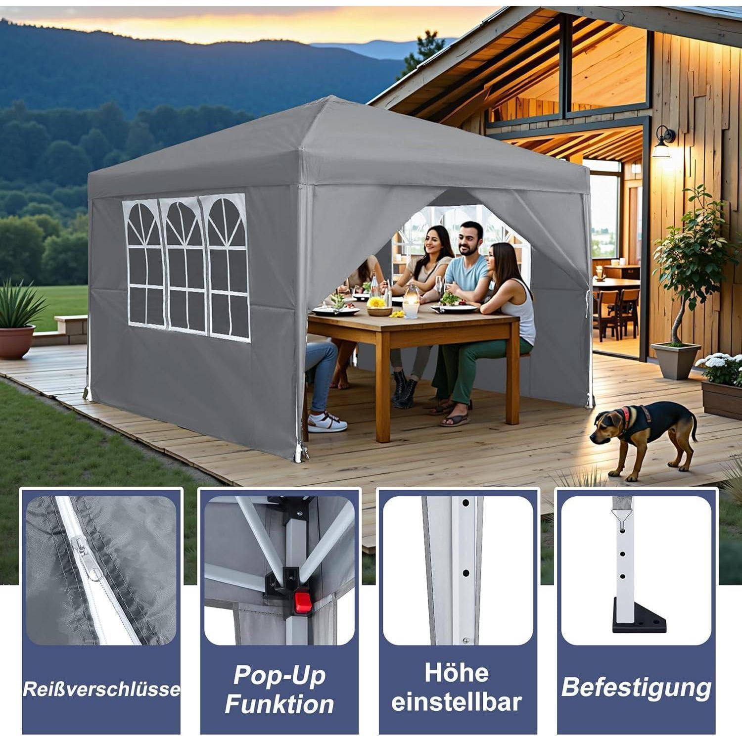 Menschen speisen in einem grauen Pop-up-Pavillon-Zelt auf einer Terrasse; eingefügte Beschriftungen in Deutsch heben Reißverschluss, Pop-up-Funktion, verstellbare Höhe und Befestigung hervor.
