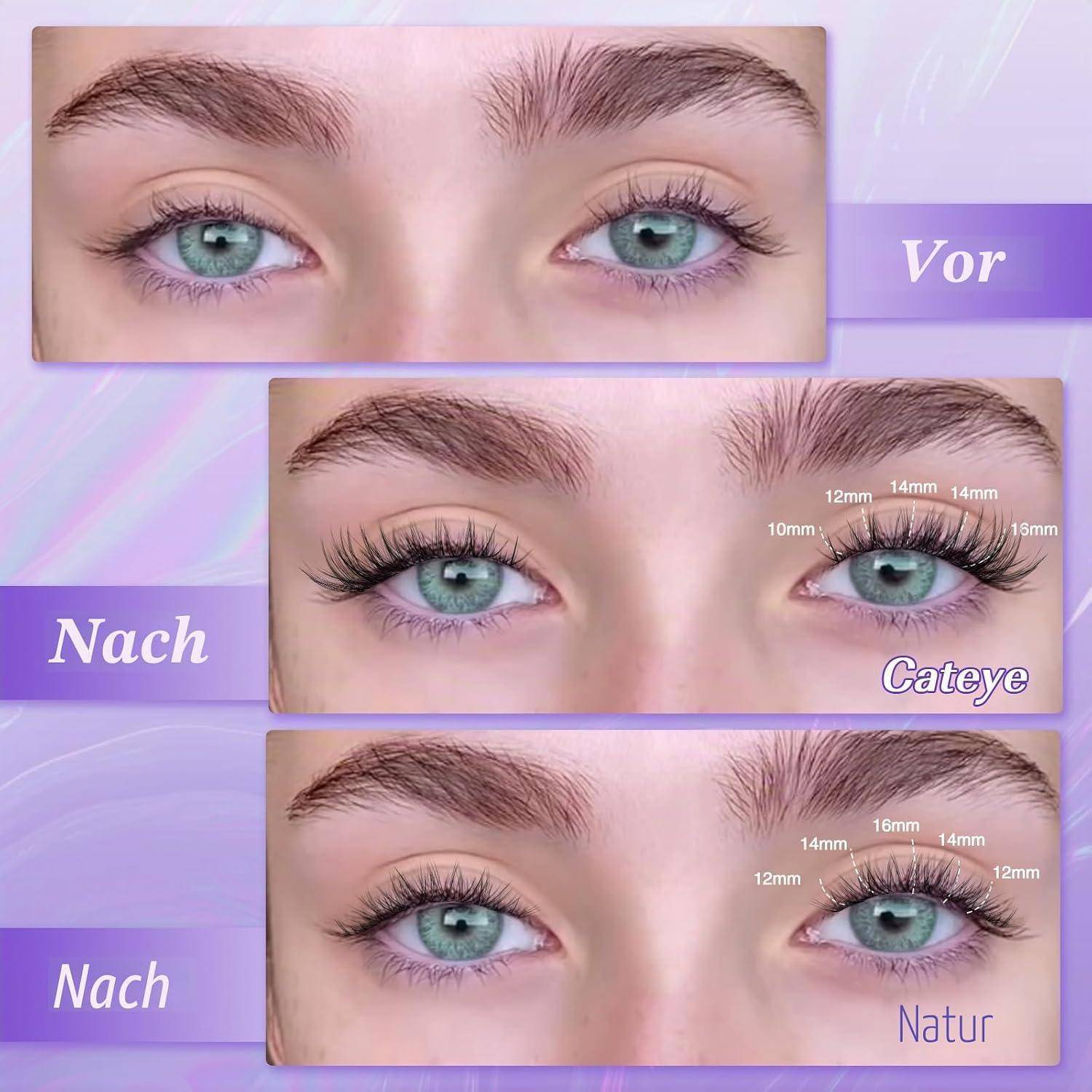 Vorher-und-Nachher-Nahaufnahme von Augen mit verschiedenen Wimpernverlängerungsstilen: „Vorher