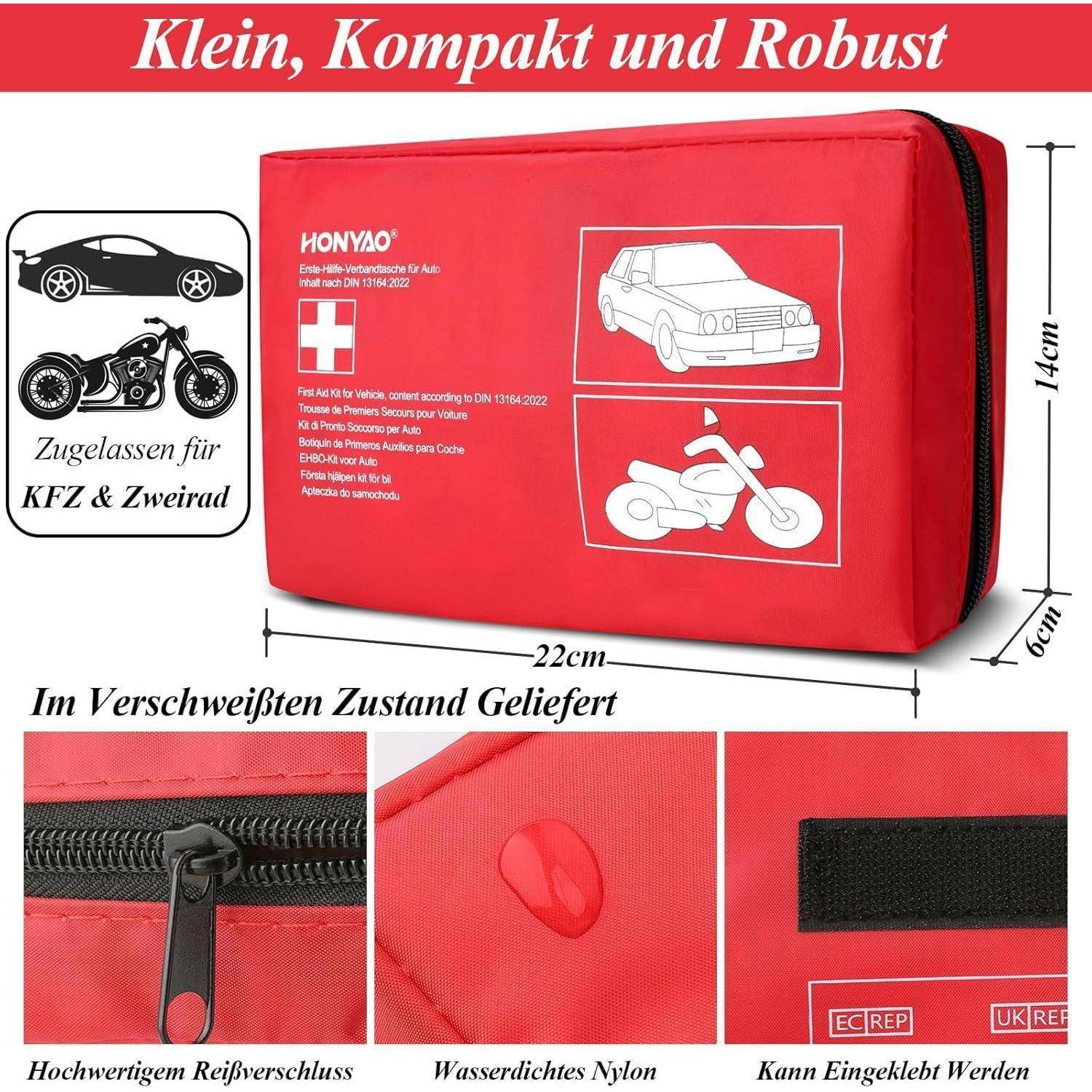 Rote Erste-Hilfe-Tasche mit der Bezeichnung HONYAO, gezeigt mit Genehmigungssymbolen für Auto und Motorrad, Abmessungen 22 cm x 14 cm x 6 cm, und Nahaufnahmen von Reißverschluss, wasserdichtem Nylon und Klettverschluss.