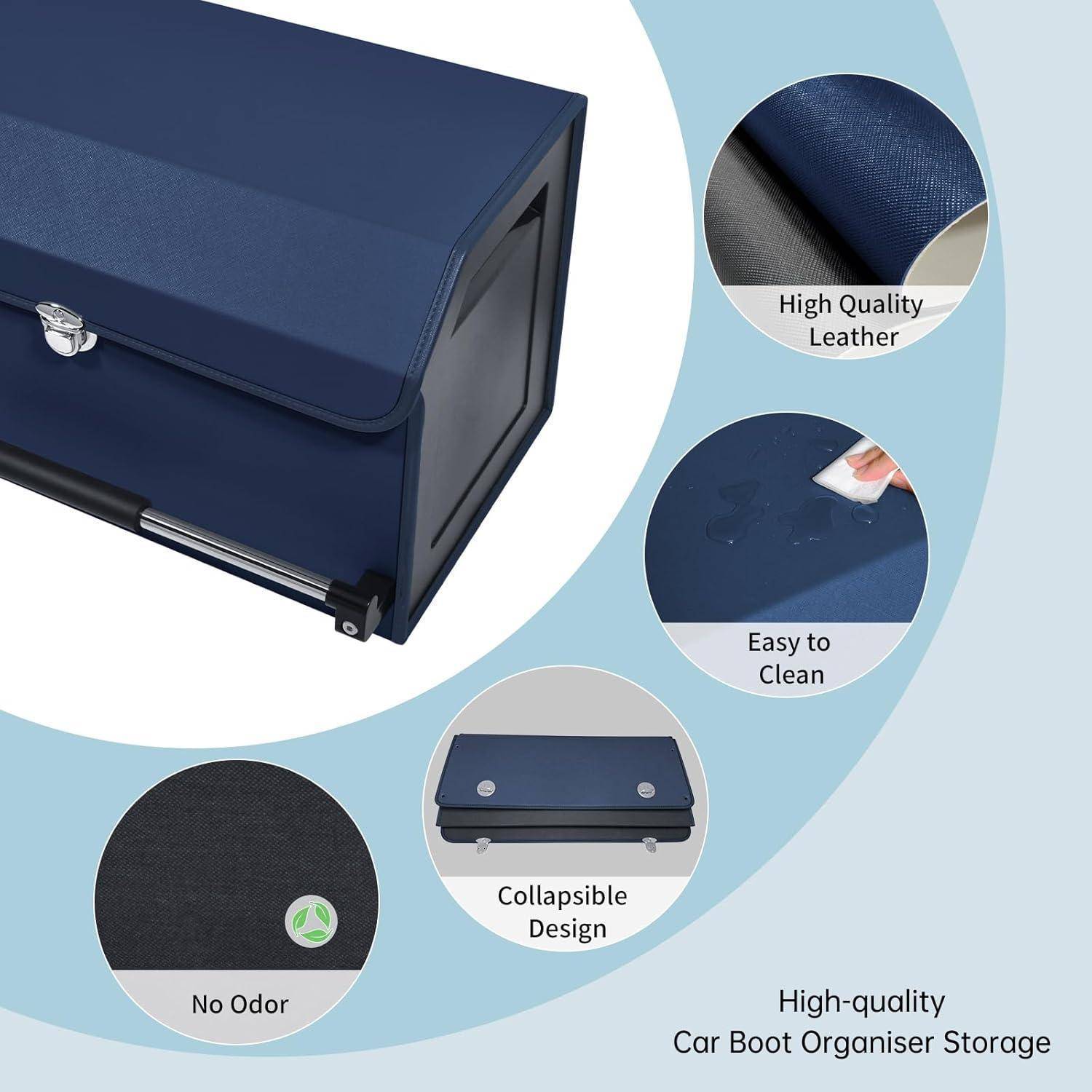 Werbegrafik eines marineblauen zusammenklappbaren Auto-Kofferraum-Organizers Aufbewahrungsbox mit Beschriftungen für hochwertiges Leder, leicht zu reinigen, geruchsneutral und zusammenklappbares Design.