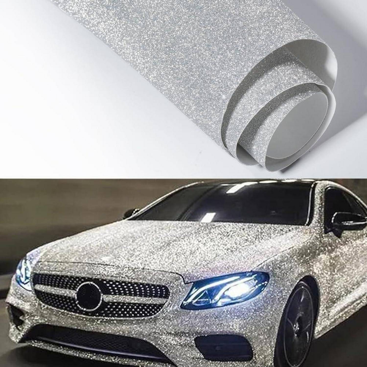 Nahaufnahme von silberfarbener Glitter-Verpackungsmaterial und ein Auto, das mit demselben glitzernden Finish verpackt ist, das einen benutzerdefinierten Fahzeugvinyl-Effekt zeigt.