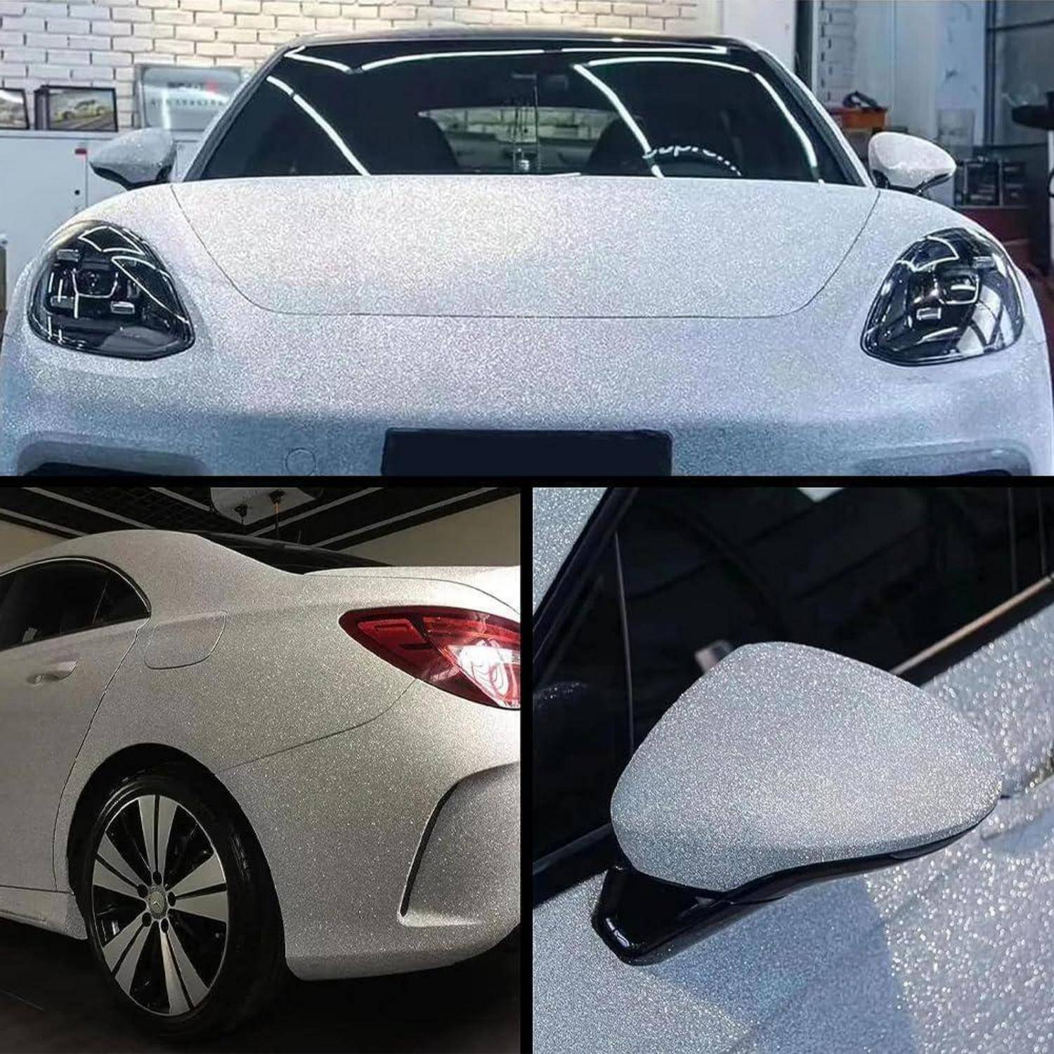Weißer glitzernder Sportwagen gezeigt von vorne, hinten und seitlich, mit passendem funkelndem Seitenspiegel.