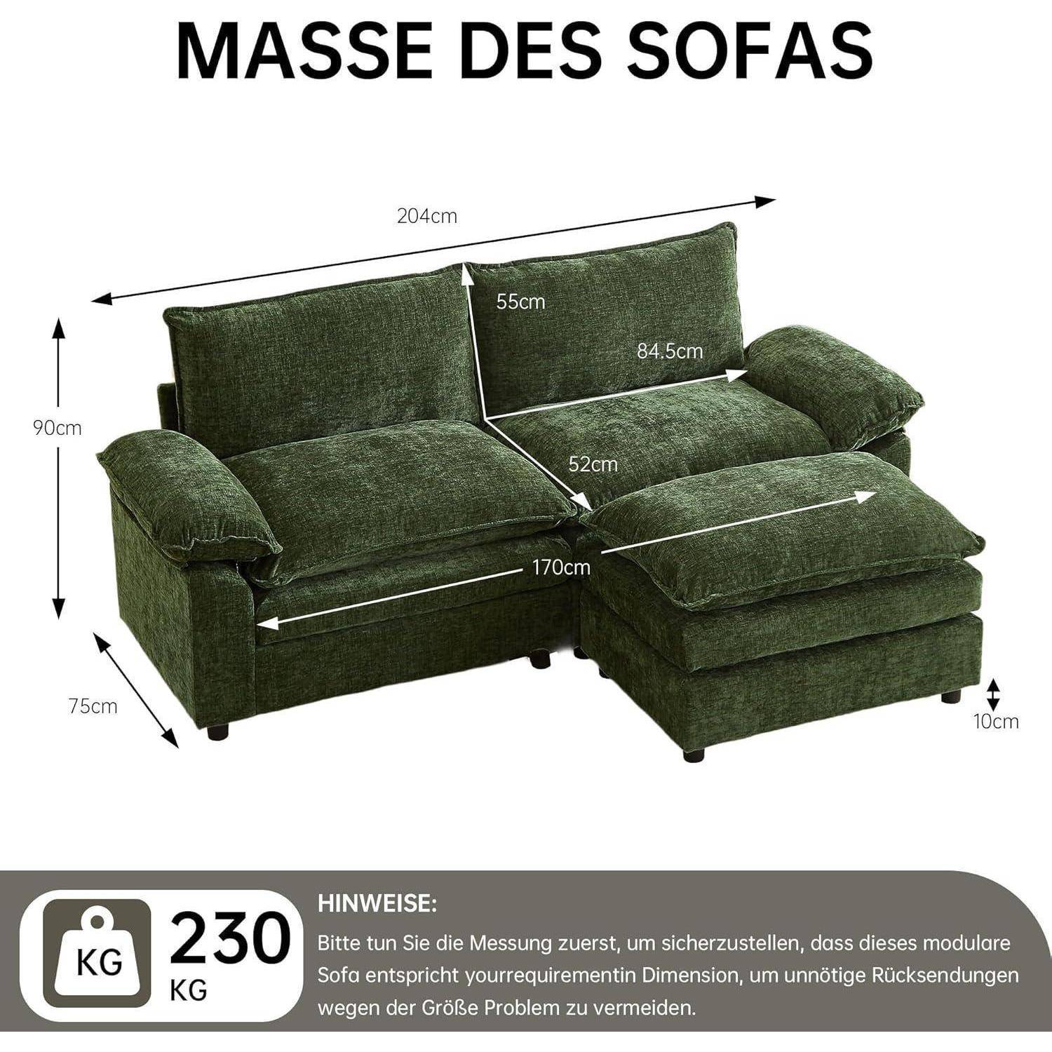 Grünes modulares Sofa mit Chaiselongue, gekennzeichnete Abmessungen: 204 cm breit, 90 cm hoch, 75 cm tief, Sitzfläche 170 cm, Chaiselongue 84,5 cm, Gewicht 230 kg.