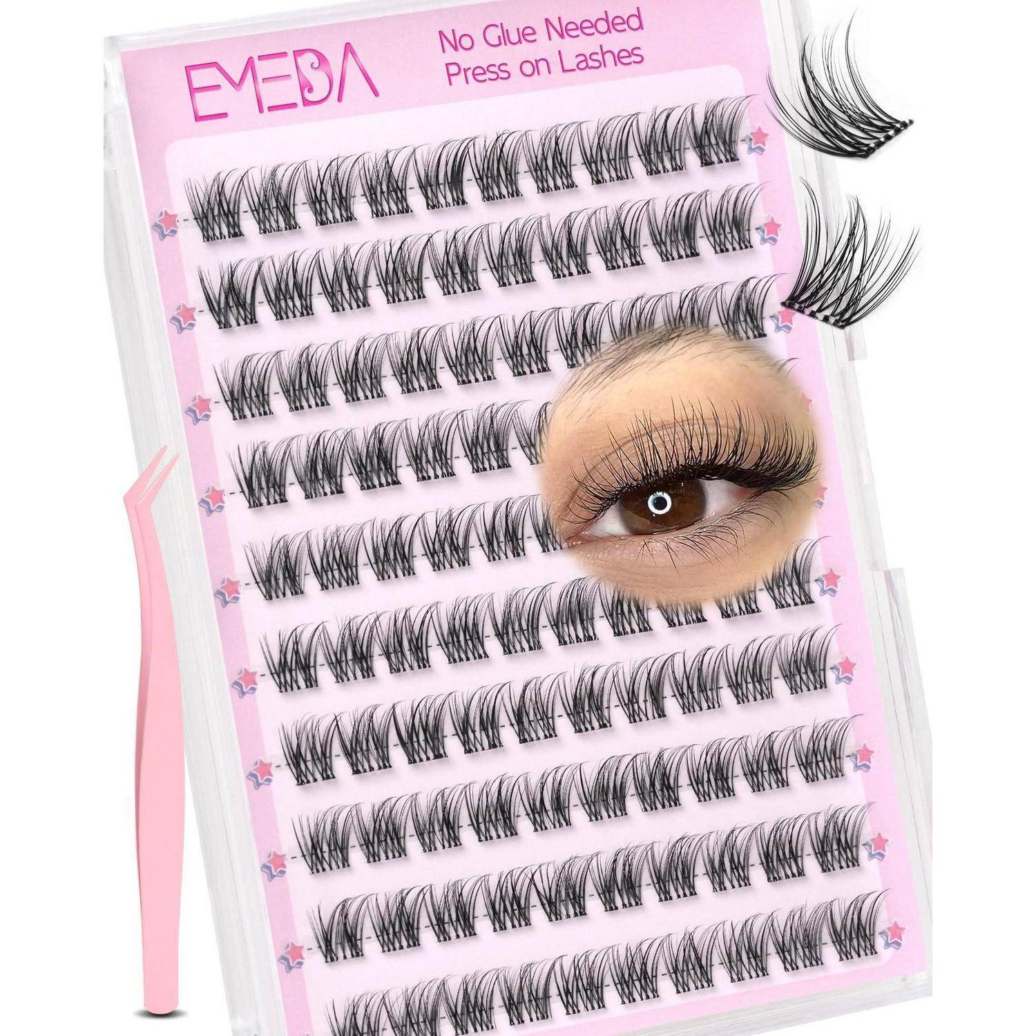 Packung mit EYEBA 'Kein Kleber nötig' Press-on-Wimpern mit rosa Applikator-Tool und ein Auge, das eine vollständige Wimpernapplikation zeigt.