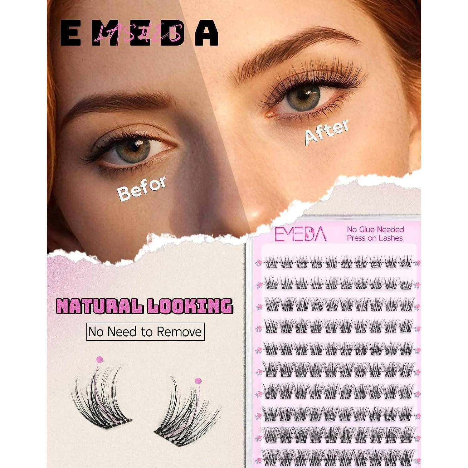 Die Eyeba-Wimpern-Anzeige zeigt Vorher-Nachher-Augen mit volleren Wimpern, dazu natürlich wirkende Wimpernstyle zum Aufkleben und eine Verpackung mit der Aufschrift „Kein Kleber erforderlich