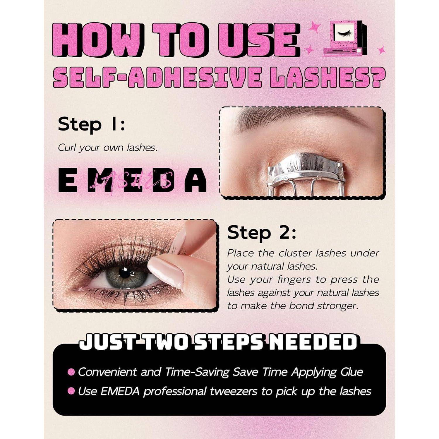 EMEDA selbstklebende Wimpern 8-14mm Natürlich kurz selbstklebende Cluster Wimpern Vorgeklebte Wimpernbüschel Kit Keine klebrigen Rückstände Kleber