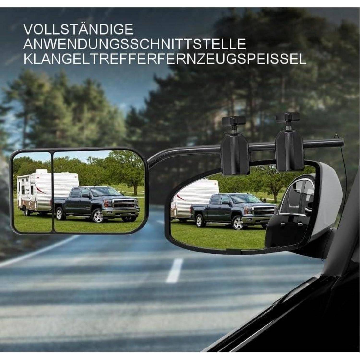 Seitenspiegel zum Abschleppen auf einem Fahrzeug reflektieren einen Pickup-Laster, der einen Wohnwagen abschleppt; deutscher Text liest sich „Vollständige Anwendungsschnittstelle Klangeltrefferfernspiegel