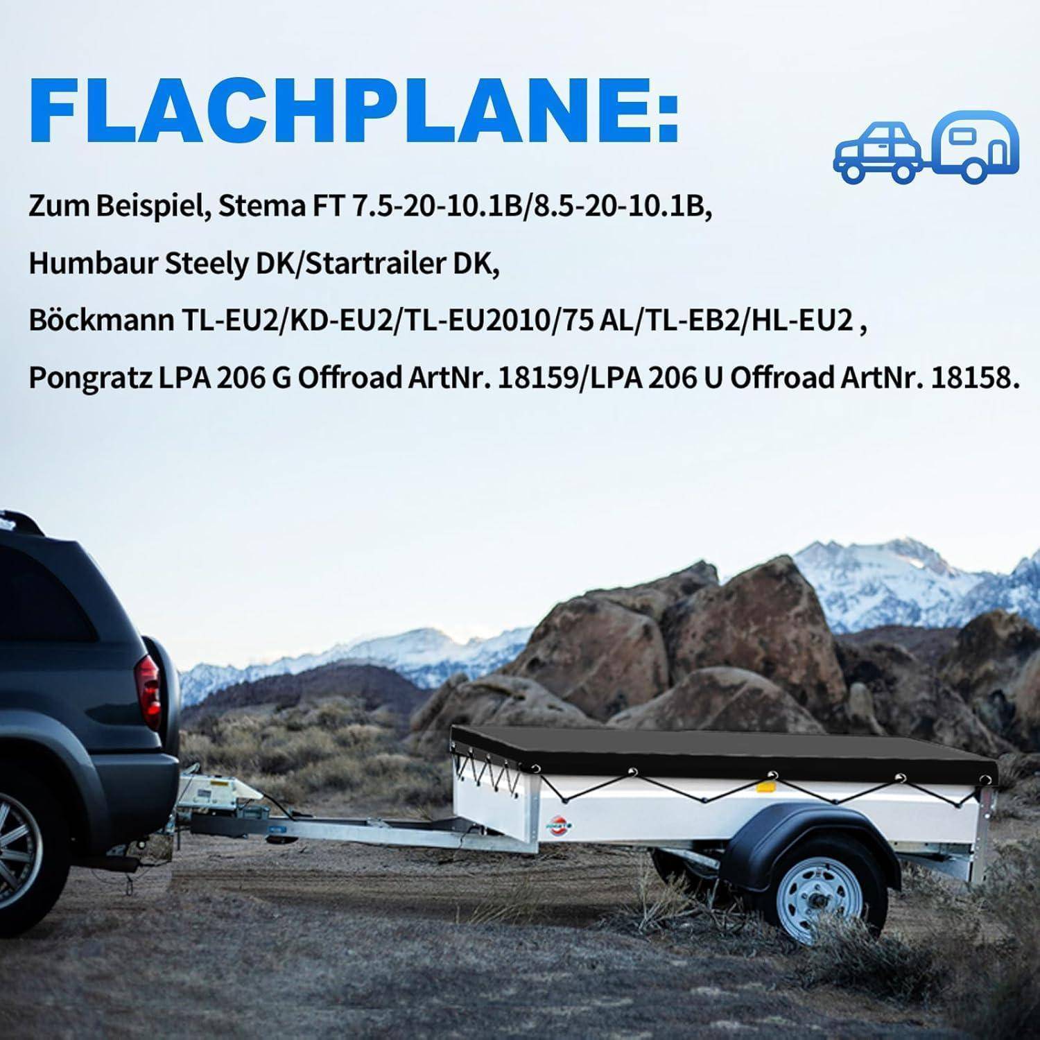 Anhängerplane Flachplane 207.5x114x10cm | WASSERFEST Anhänger Abdeckplane mit 7m Planenseil | Ideal für Stema BÖckmann Humbaur Pongratz 201x108cm
