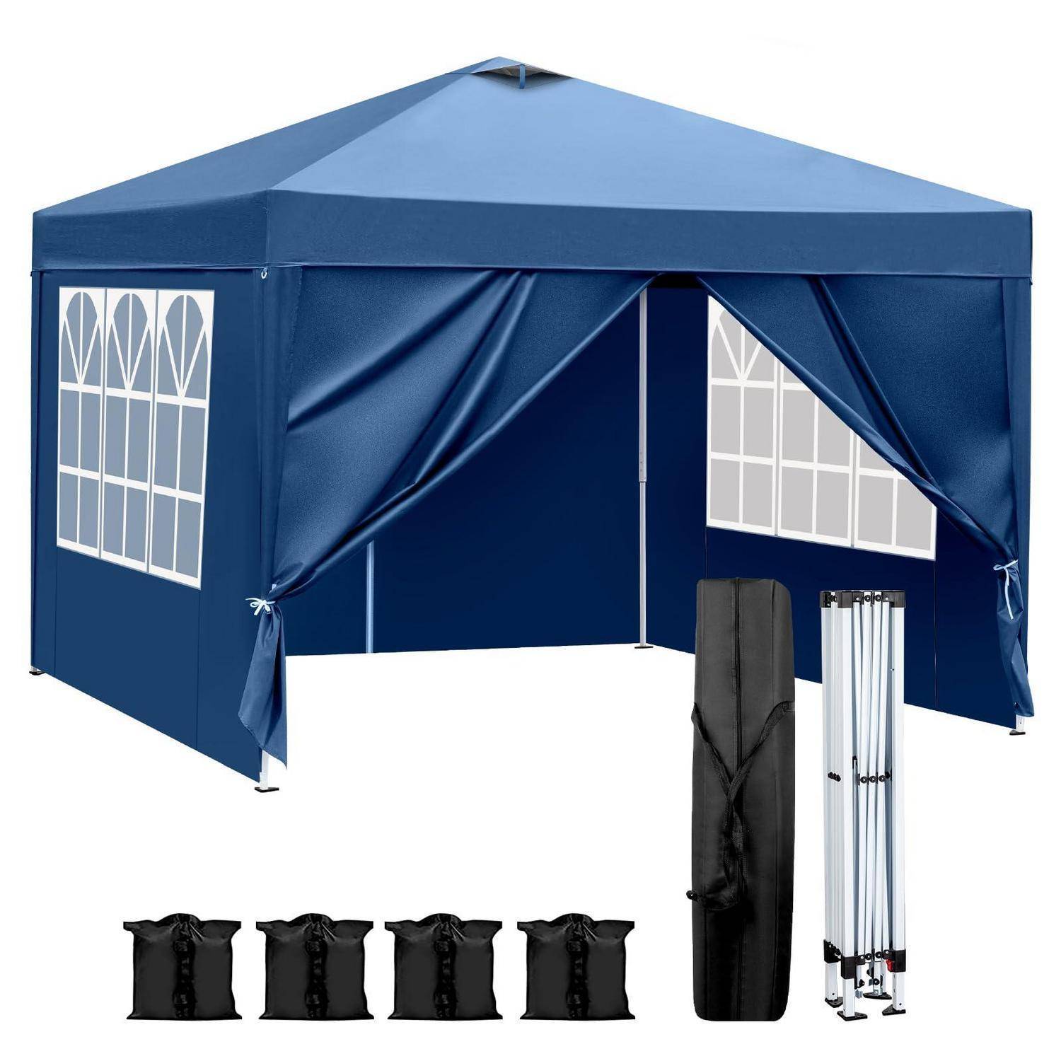 Blaueres Pop-Up-Pavillon-Zelt mit seitlichen Fensterpaneelen, gezeigt mit einer Tragetasche und gefalteten Rahmenstangen.