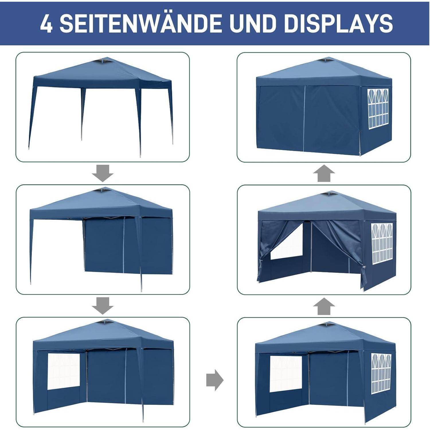 Diagramm eines blauen Pop-Up-Pavillons mit sechs verschiedenen Wandkonfigurationen, von offenen Seiten bis zu teilweise und vollständig geschlossenen Paneelen mit verglasten Seitenwänden.