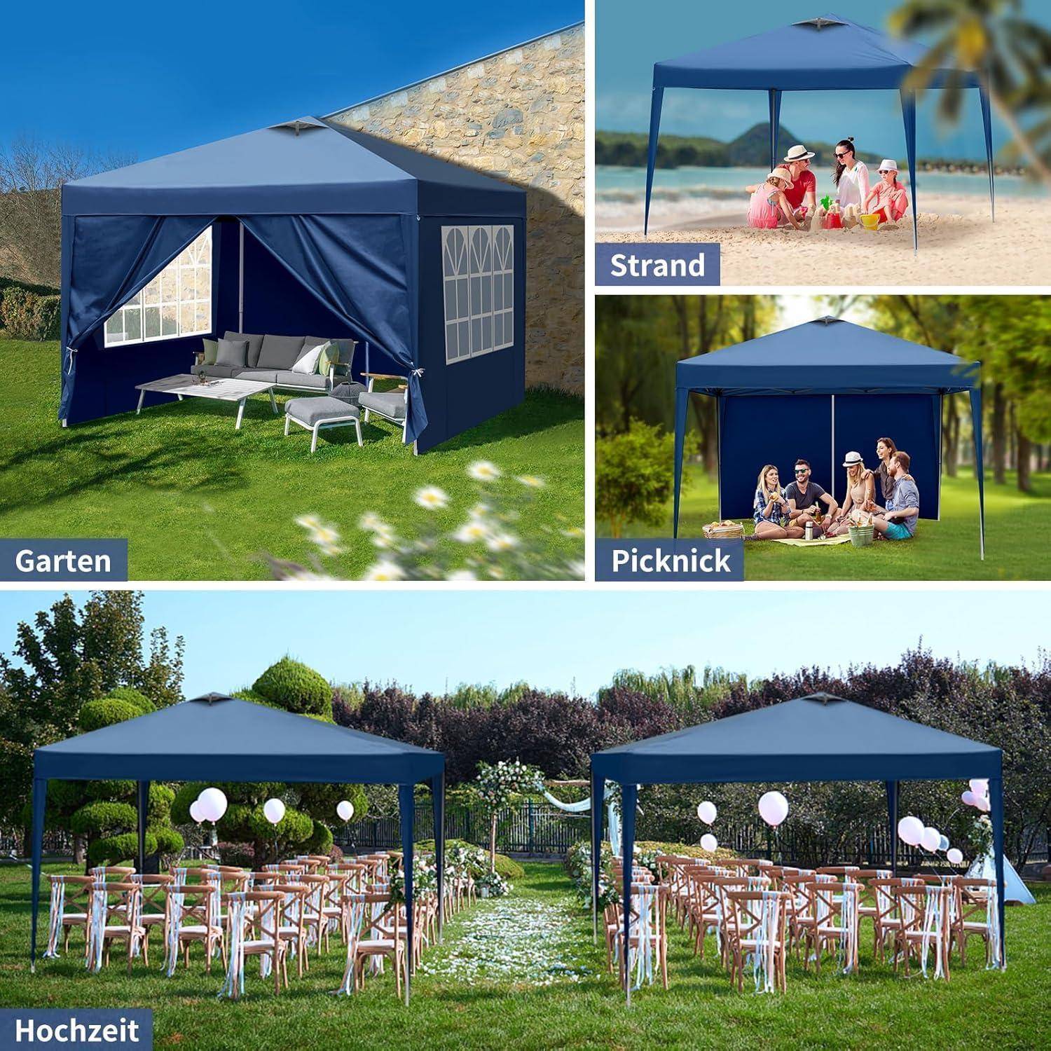 Collage mit einem blauen Pop-up-Zelt, das in verschiedenen Umgebungen verwendet wird: Gartenlounge, Strandschatten, Picknickunterstand und zwei Hochzeitsempfangszelte.