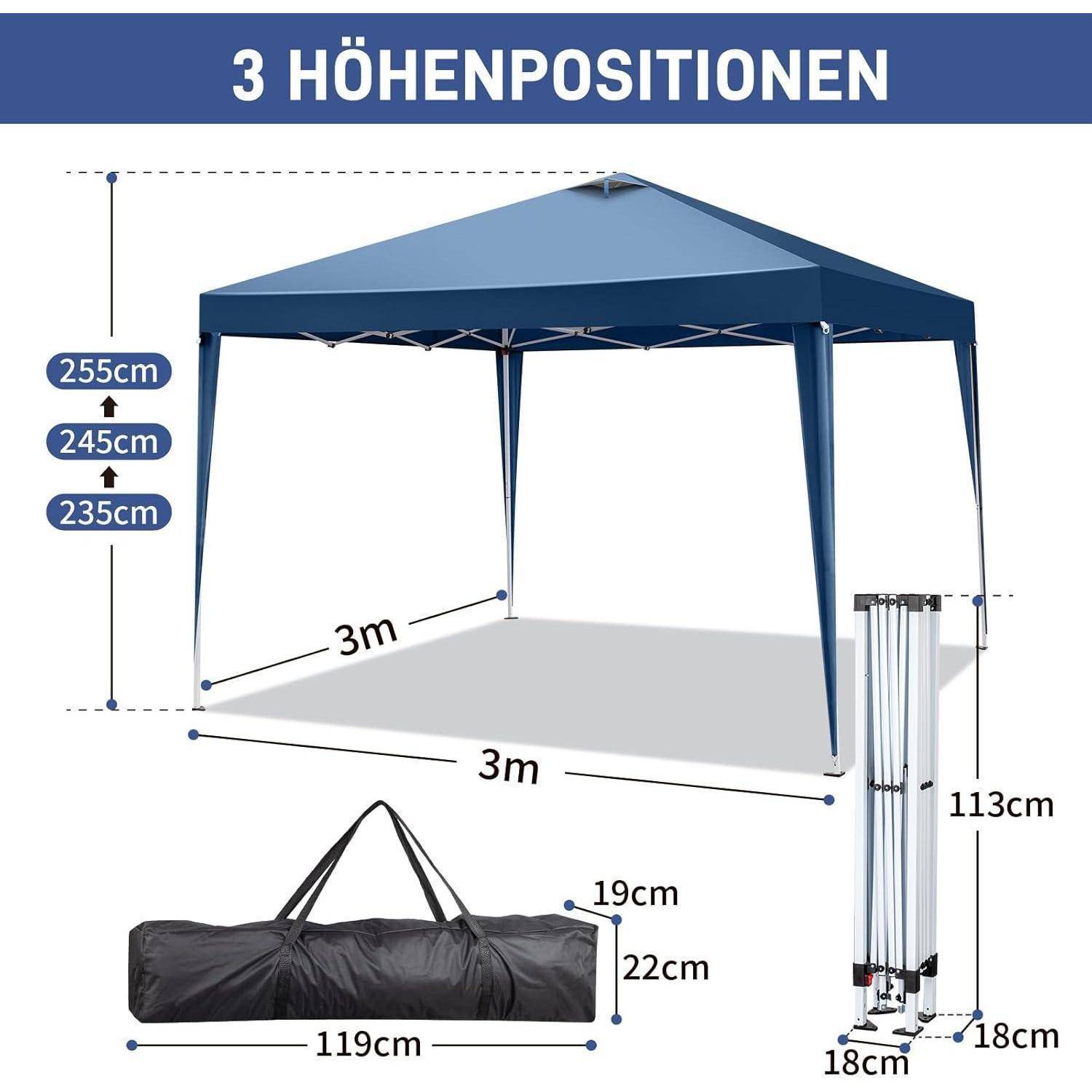 Blaues Pop-Up-Baldachindach, dargestellt mit 3 Höheneinstellungen: 235 cm, 245 cm und 255 cm; Grundfläche 3 m × 3 m; Tragetasche misst 119 cm × 22 cm × 19 cm, Rahmeteile 113 cm hoch.