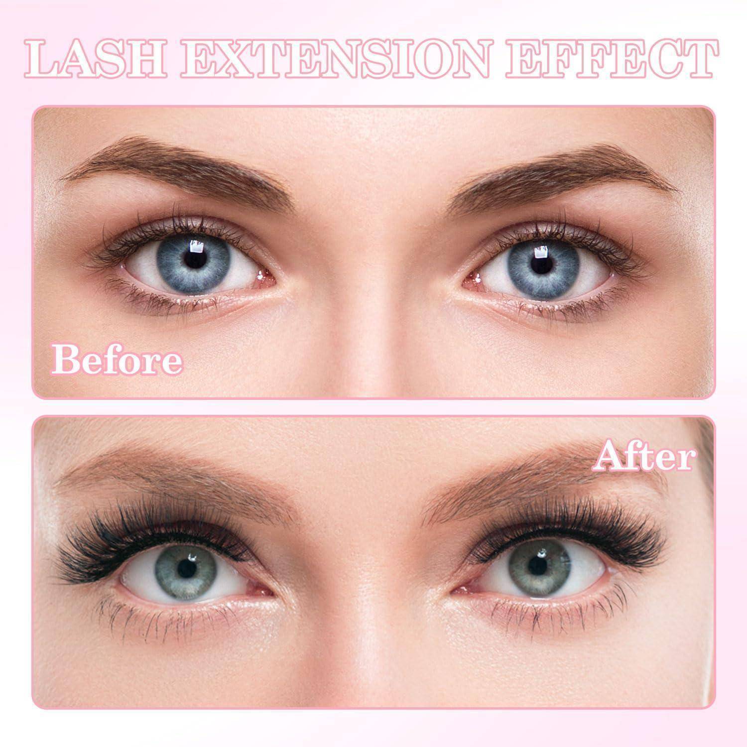 Vorher-und-nachher Nahaufnahme der Augen, die den Effekt von Wimpernverlängerungen zeigt, mit längeren, volleren Wimpern im 