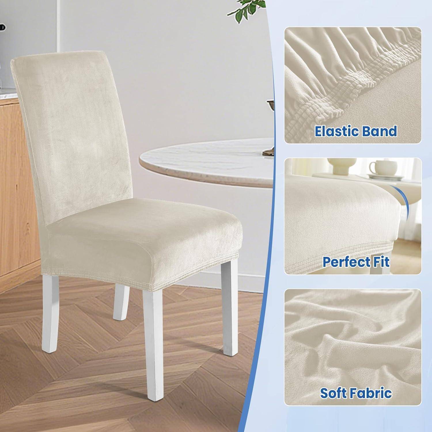 Beige Stretch-Esszimmerstuhlbezug auf einem Stuhl, mit eingefügten Nahaufnahmen mit den Beschriftungen „Elastisches Band