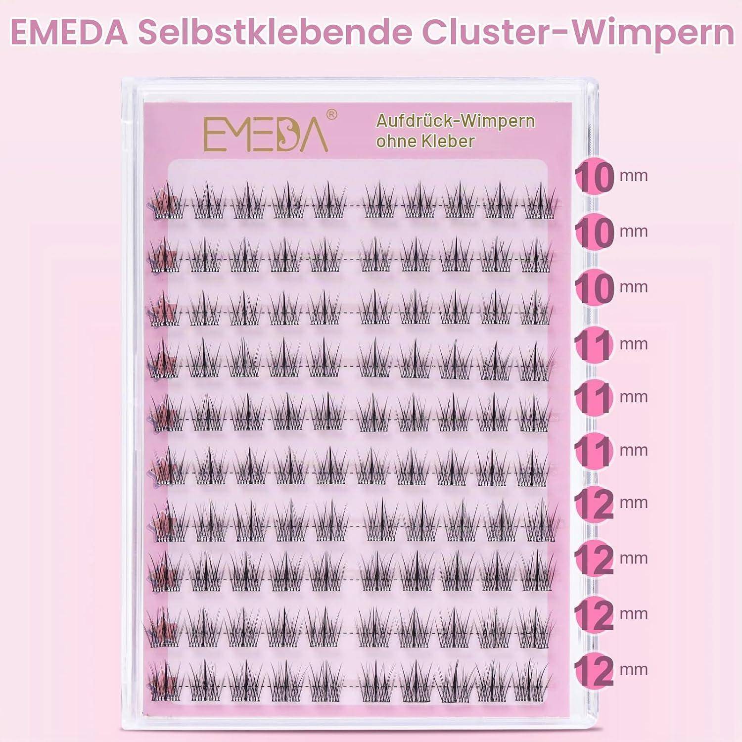 EMEDA selbstklebende Wimpernbüschel-Falscher Wimpern in einer transparenten Box, mit Wimpernbüscheln gekennzeichnet 10-12 mm.