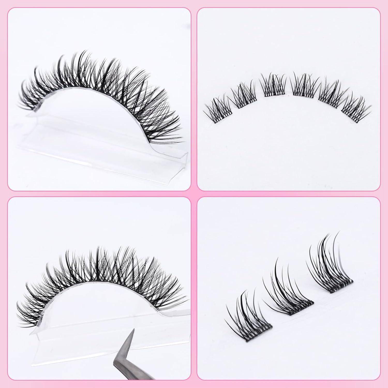Collage aus vier Feldern mit künstlichen Wimpern in Verpackung und beim Zuschneiden in kleinere Wimpernstücke auf weißem Hintergrund.