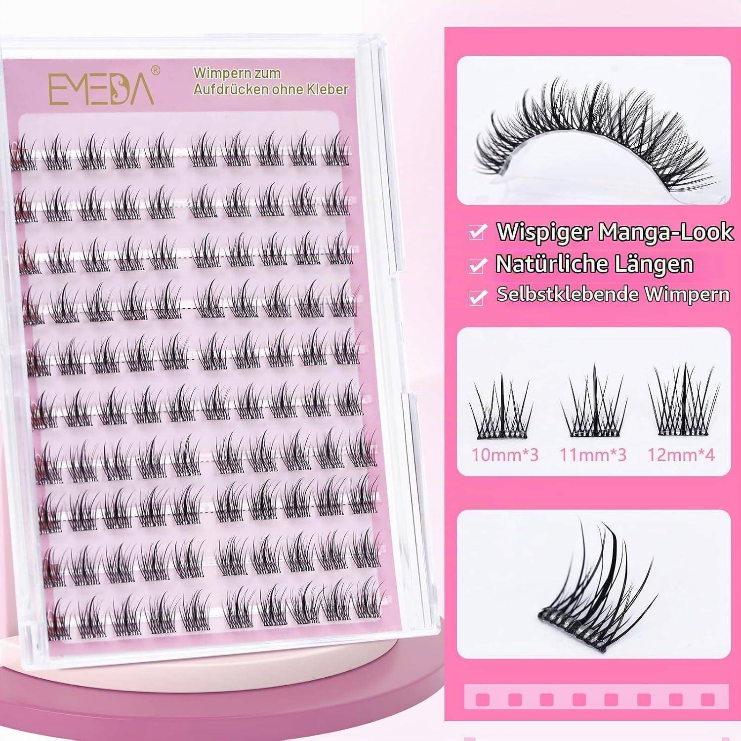 Rosa Packung mit künstlichen Wimpern mit mehreren Wimpernstreifen; der Text hebt „Wispiger Manga-Look