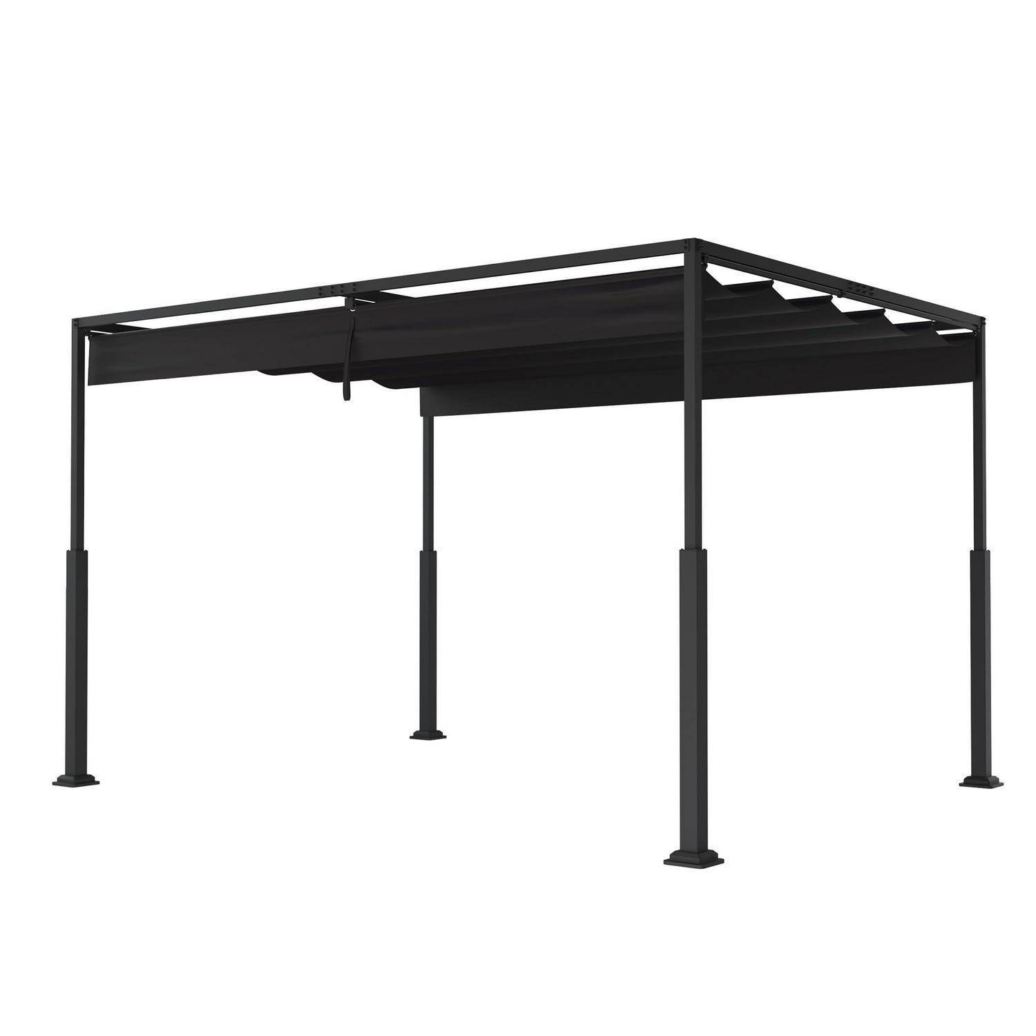 Schwarze Metallpergola mit flachem Lamellendach und vier Stützpfosten auf weißem Hintergrund.