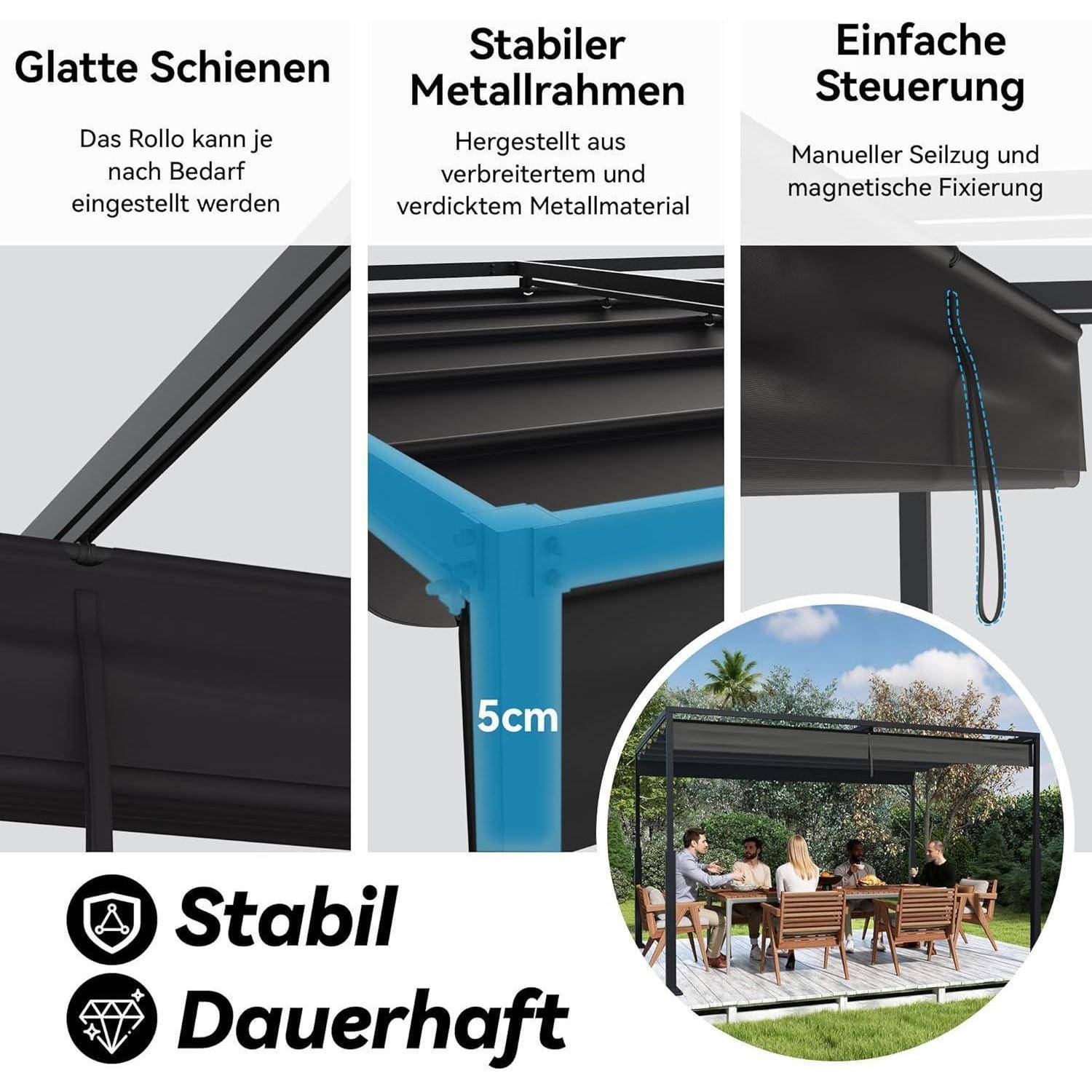 FIVMEN Pergola 3x4 m Terrassenüberdachung Überdachung Wasserdicht Stabil Winterfest Pavillon Gartenpavillon mit Verstellbaren Schattenbereichen Sonn