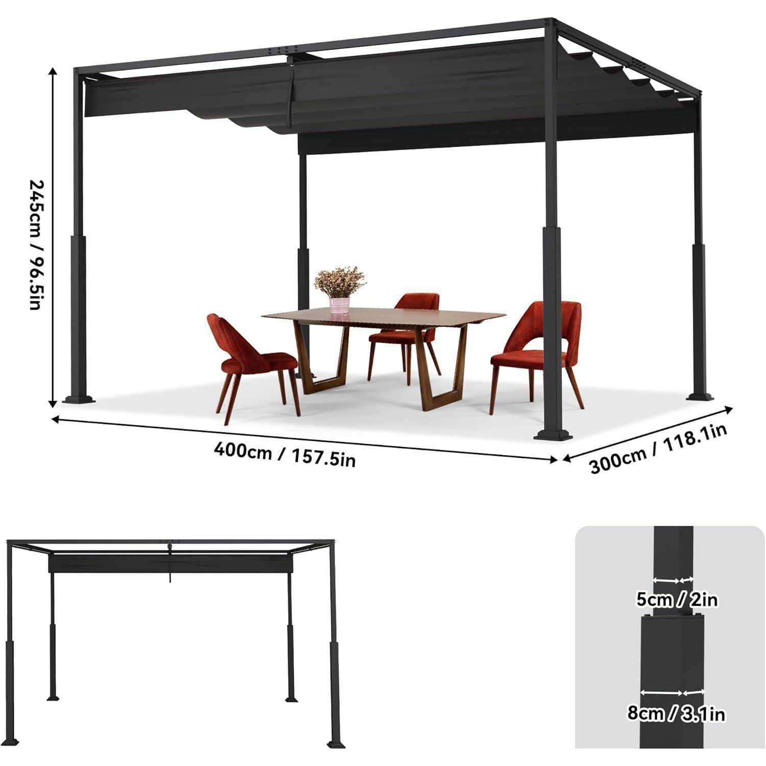 Schwarze Außenpergola mit Dachbelag über Esstisch mit vier roten Stühlen; mit beschrifteten Abmessungen 400 cm x 300 cm, Höhe 245 cm, Pfostendetail 5 cm x 8 cm.