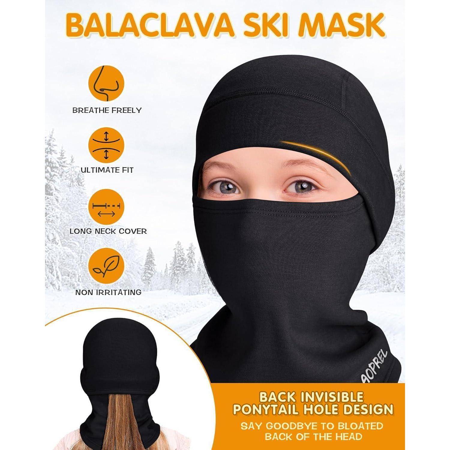 Schwarze Sturmhaube/Skimaske auf einer Person mit nur sichtbaren Augen; Werbetext hebt atmungsaktives Design, lange Halsbedeckung und Loch für Pferdeschwanz im Nackenbereich hervor.