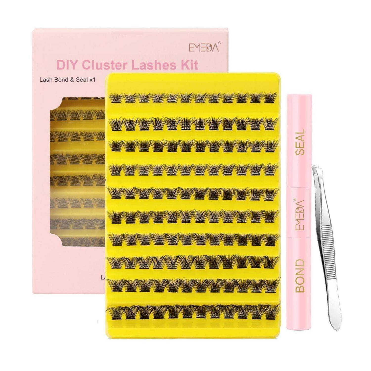 Rosa DIY Cluster Wimpern Set mit gelbem Wimpern-Tablett, rosa Bond- und Seal-Tube und Pinzette