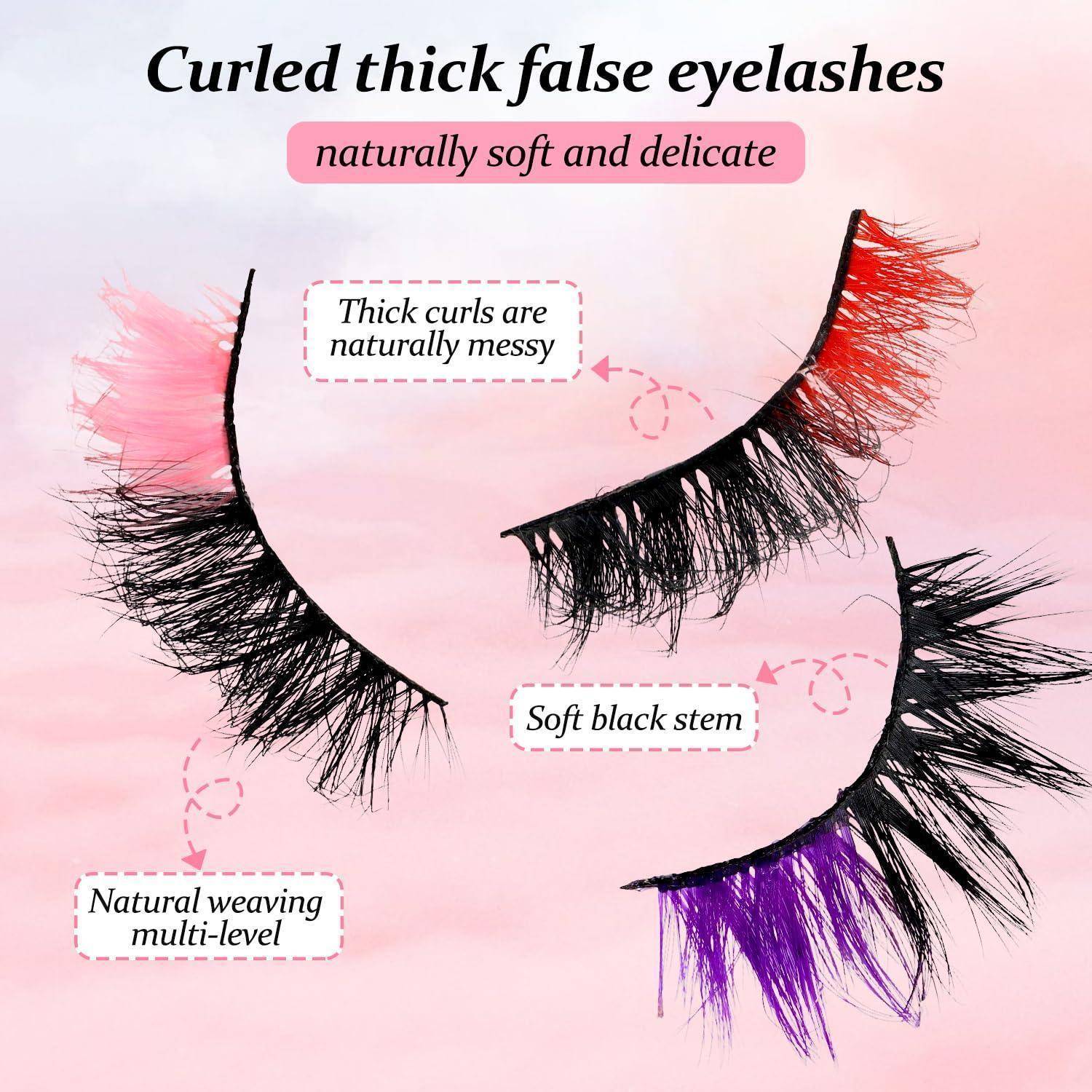 Anzeige mit gekräuselten dicken falschen Wimpern mit Etiketten: natürlich weich und zart, dicke Locken sind natürlich unordentlich, weicher schwarzer Schaft, natürliche Weberei mehrschichtig.