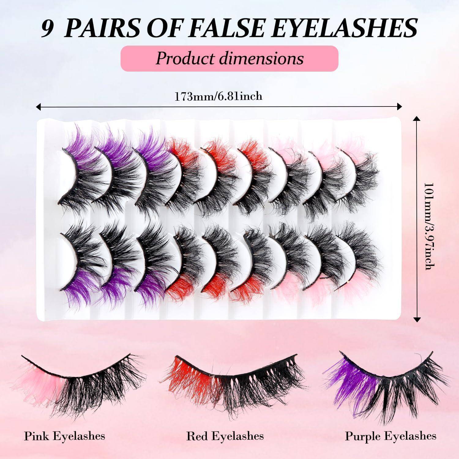 Produktabmessungen für 9 Paar künstliche Wimpern, 173 mm x 101 mm, in Rosa-, Rot- und Violettausführung.