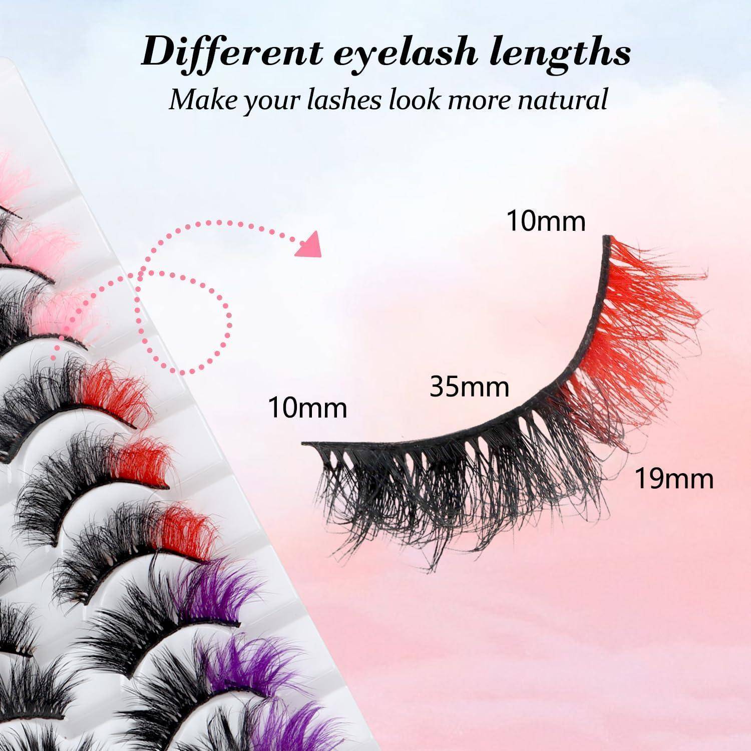 Bewerbungsgrafik von künstlichen Wimpern, die unterschiedliche Längen für einen natürlichen Look zeigt, beschriftet mit 10mm, 19mm und 35mm.